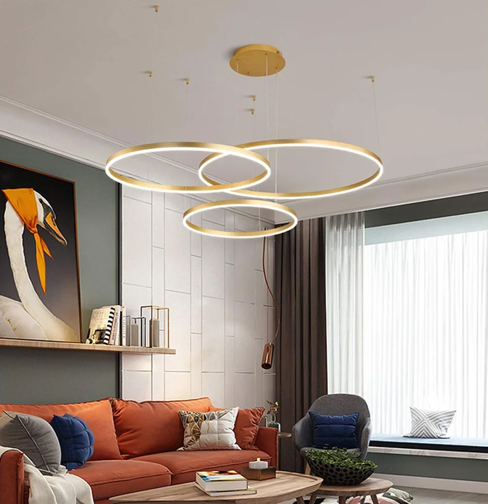 Lampa wisząca LED, do jadalni, do salonu, przyciemniana, z pilotem zdalnego sterowania, nowoczesny żyrandol, okrągły, z aluminium, akrylu, lampa sufitowa, 65 W, złota, 3 okręgi, 30 + 50 + 70 cm