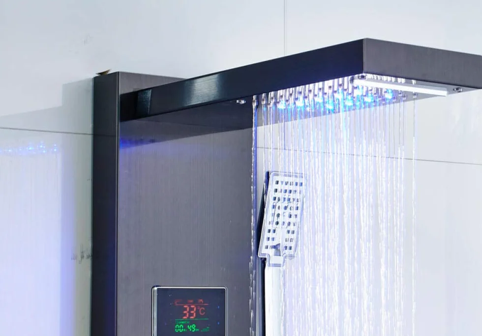Panel prysznicowy ze światłem LED, kran, głowica prysznicowa typu wodospad, deszczownica, kolumna prysznicowa z dyszami do masażu SPA, cyfrowy wyświetlacz temperatury wody