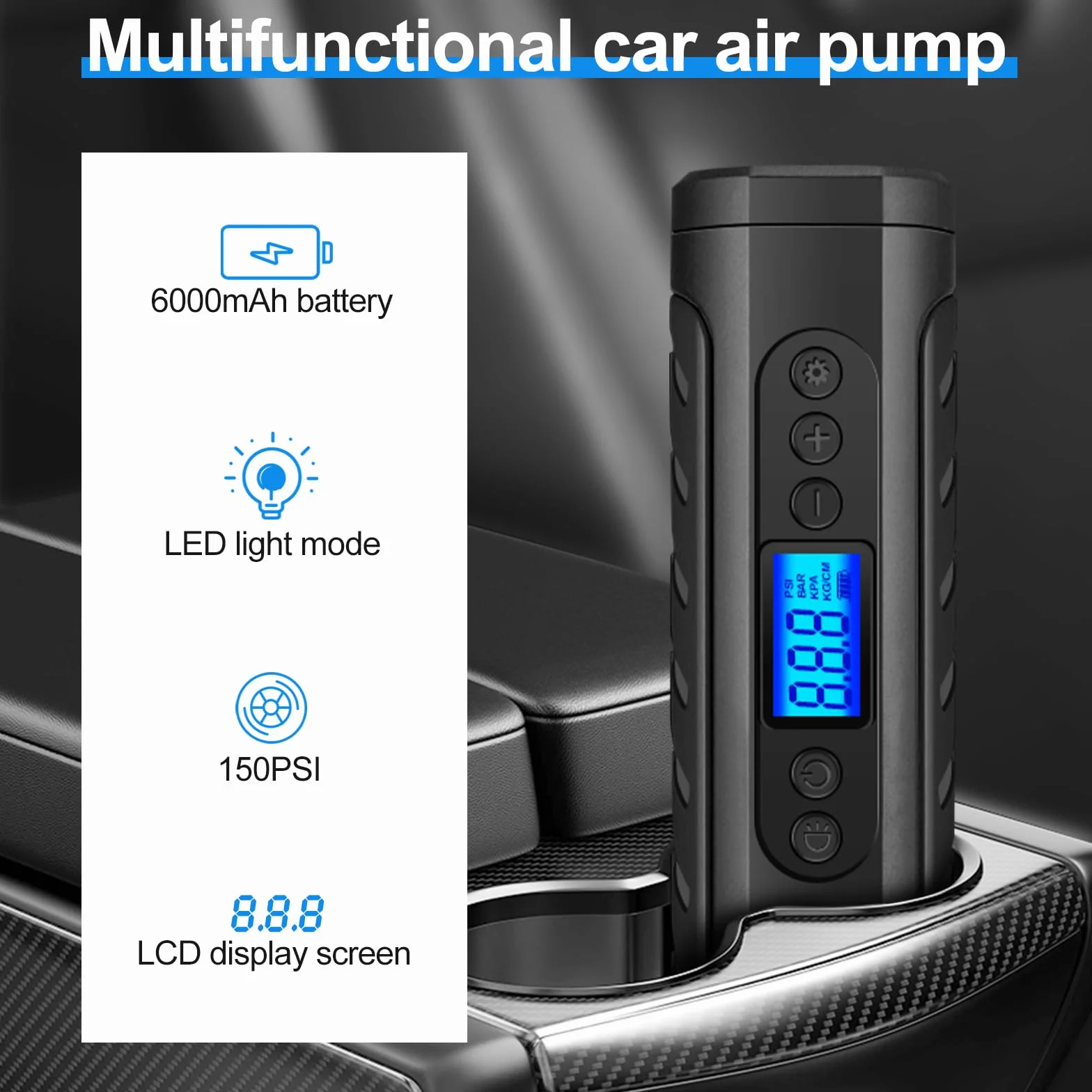Przenośna sprężarka powietrza Przenośny Kompresor 150 PSI 6000 mAh Bezprzewodowa Pompka do Opon z Wyświetlaczem LCD, Lampką LED i 3 Końcówkami do Samochodu, Roweru i Motocykla