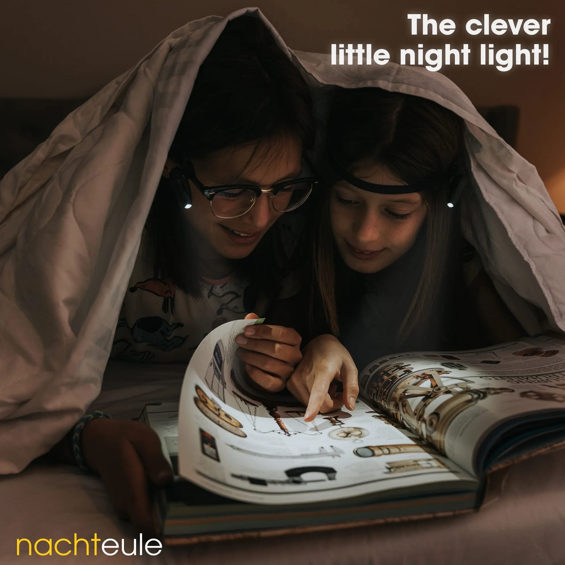 Nachteule Lampka do czytania na okulary, słuchawki lub opaskę na głowę (w zestawie). Lampka LED do książek, nagradzana konstrukcja Clip-on Made in Germany. W zestawie bezpłatne etui ochronne