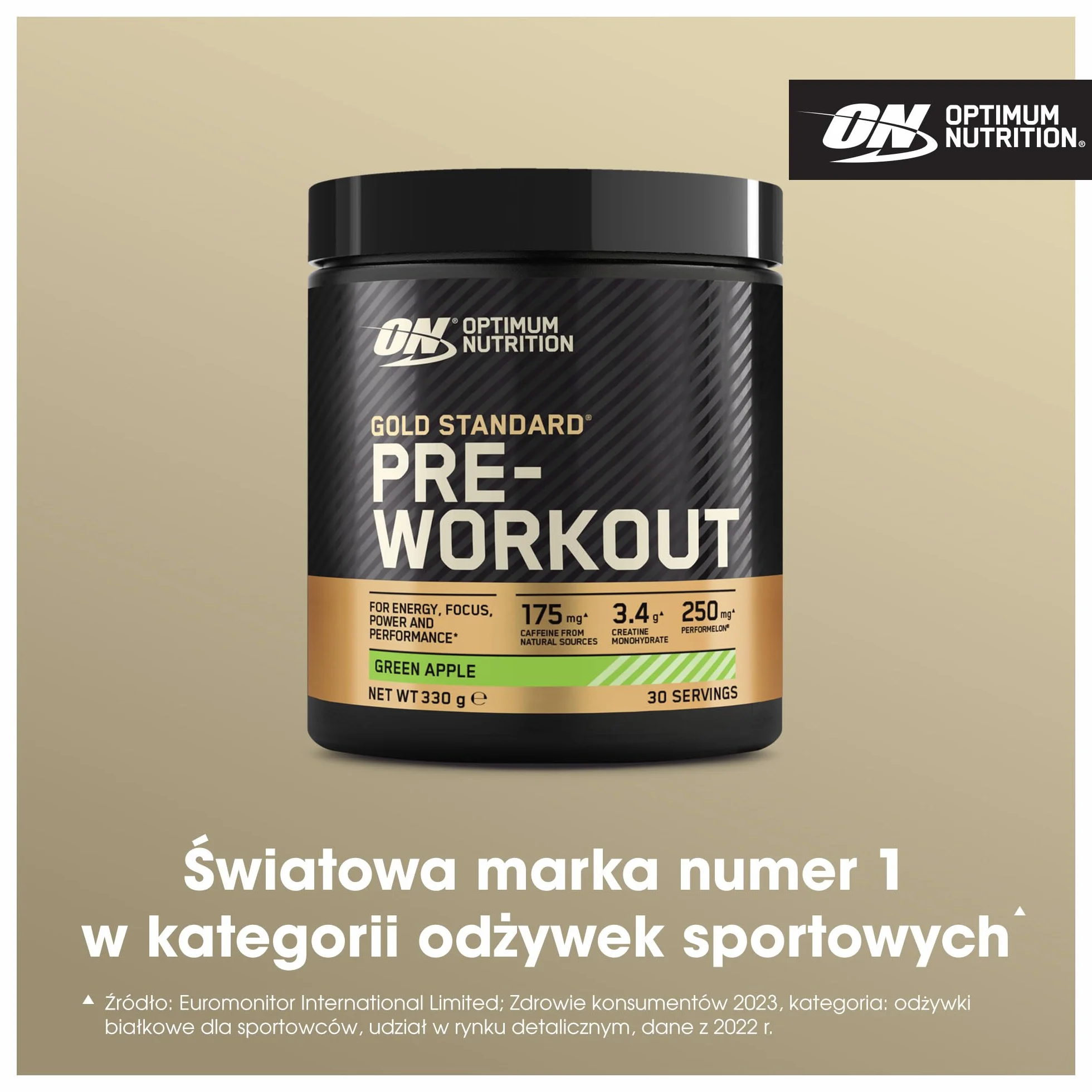 Optimum Nutrition Gold Standard odżywka przedtreningowa, napój energetyczny z monohydratem kreatyny, beta-alaniną, kofeiną i kompleksem witamin B, suplement diety, smak Green Apple, 30 porcji, 330 g