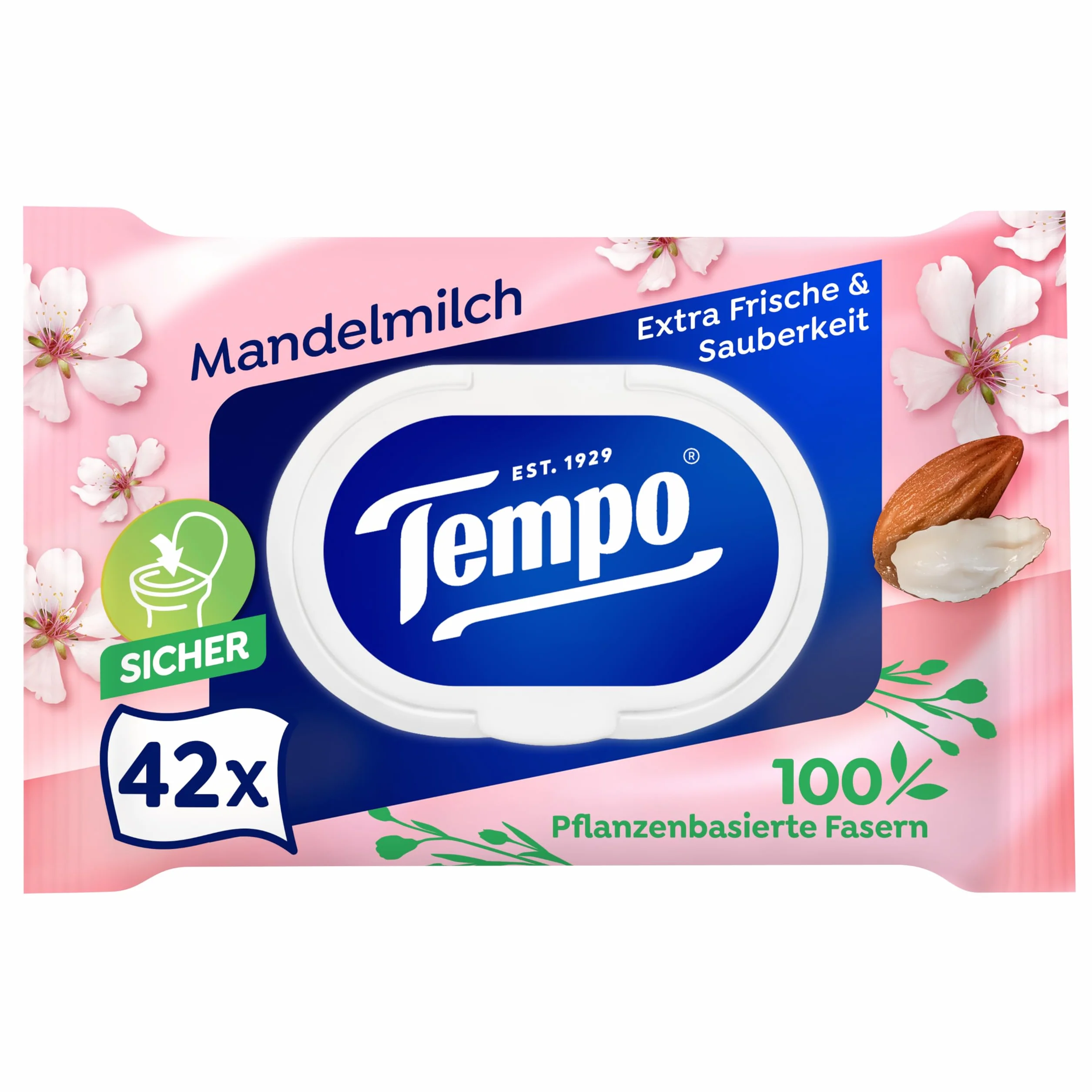 Tempo Papier toaletowy wilgotne mleko migdałowe i pantenol, opakowanie 16 sztuk (8 x 2 x 42 sztuki)