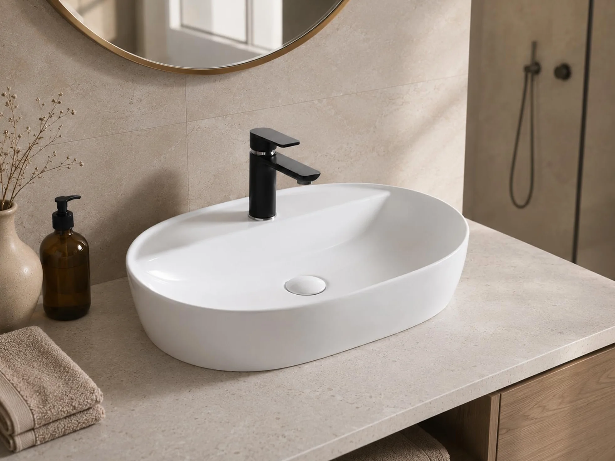 Premium Umywalka owalna - Błyszcząca umywalka nablatowa - ceramiczny basen do umywalki - miska do mycia biała - 610 x 400 x 120 mm