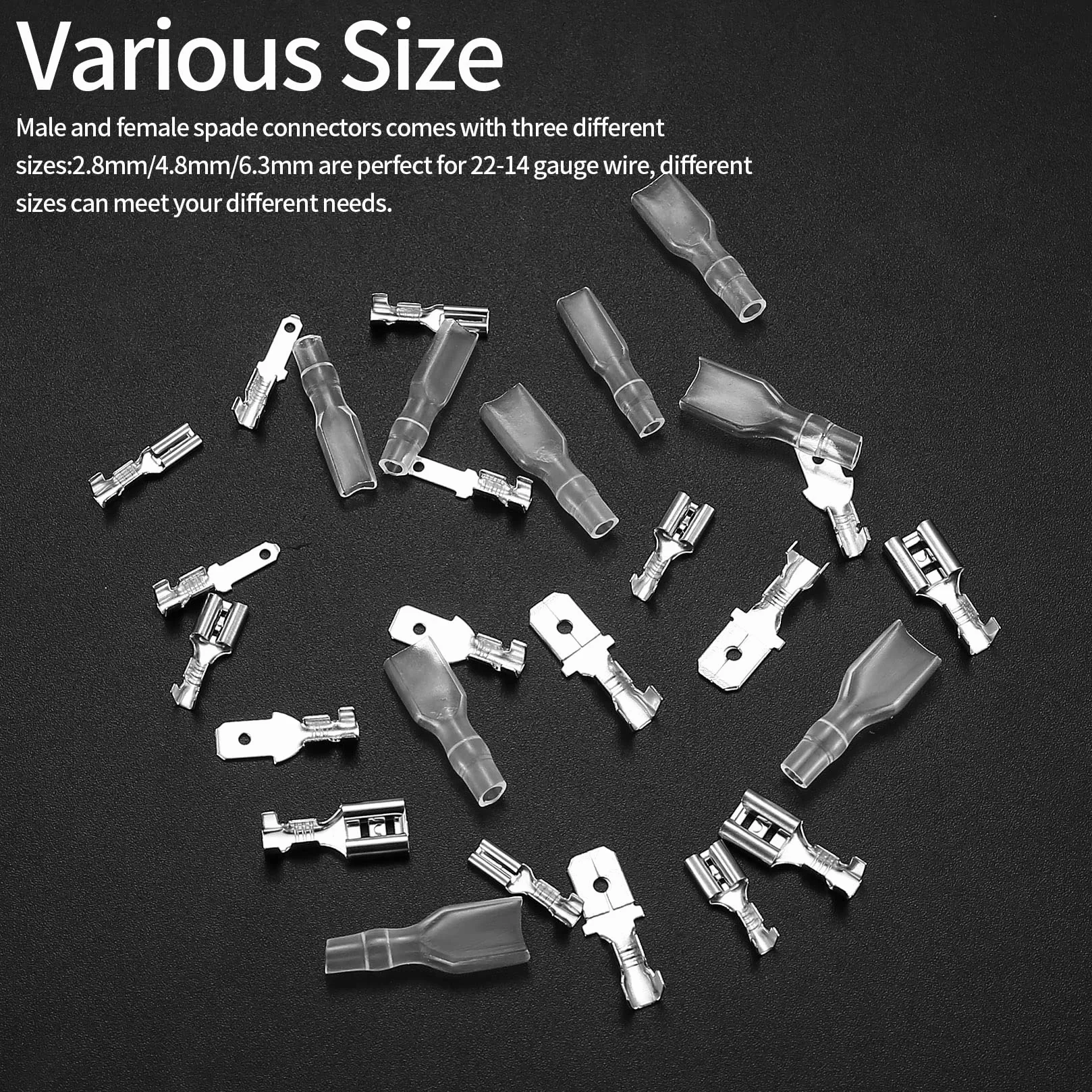 Zestaw końcówek kablowych, 360 szt., płaskie tulejki wtykowe, 2,8 mm, 4,8 mm, 6,3 mm, męskie i żeńskie wtyczki kablowe z tuleją izolacyjną, elektryczne złącze zaciskowe