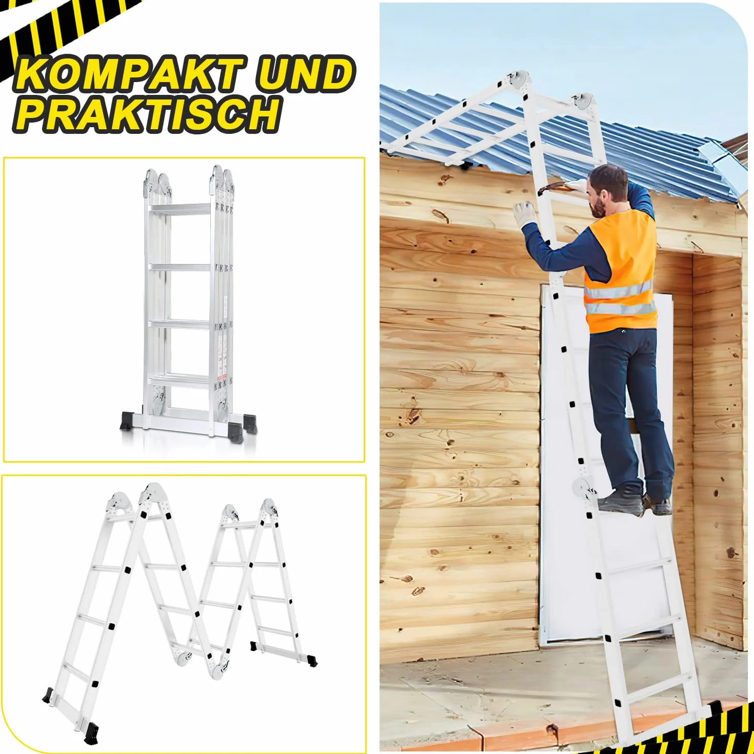 Herrselsam Wielofunkcyjna drabina 4 x 4, 7 w 1, 470 cm, aluminiowa, z 2 platformami i kółkami, maksymalne obciążenie 150 kg, drabina wielofunkcyjna 16 szczebli (DY8972-M-1x)