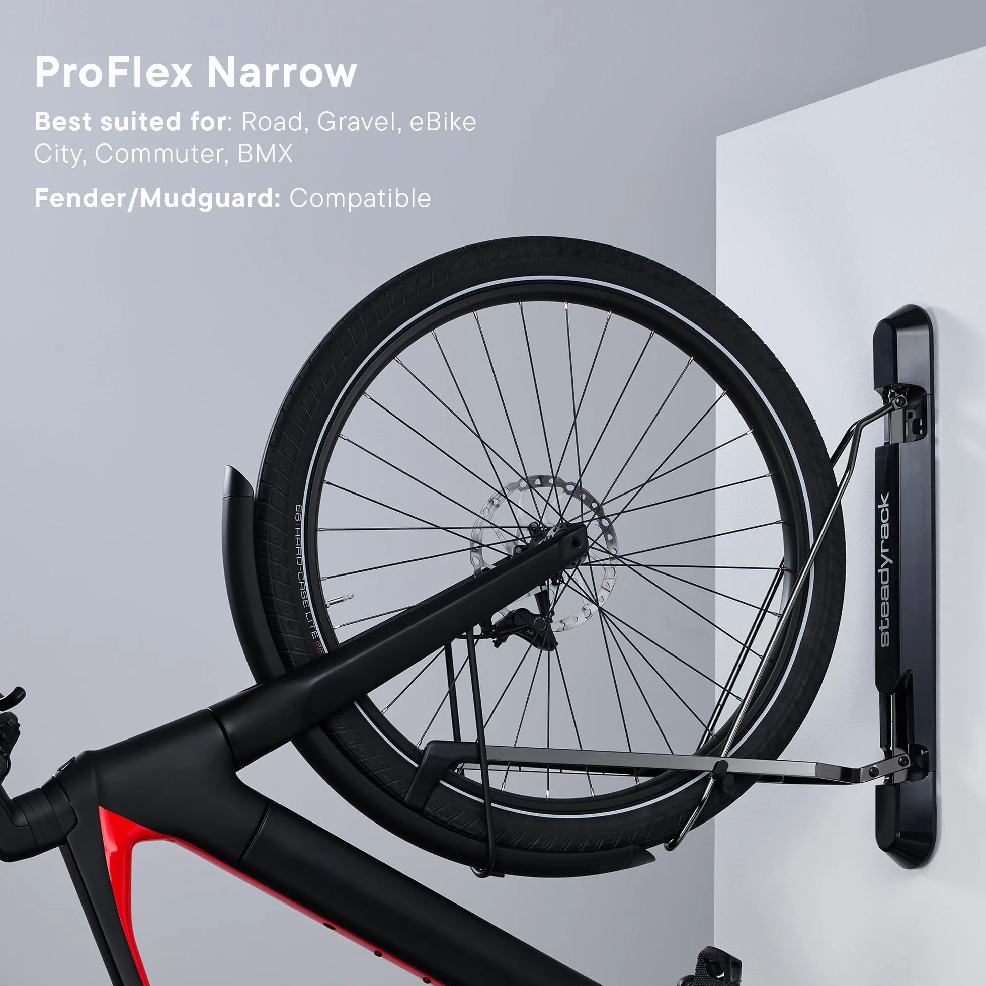 Steadyrack ProFlex Uchwyt rowerowy wąski pionowy ścienny do rowerów szosowych BMX Gravel z błotnikami GearMate SteadySpine
