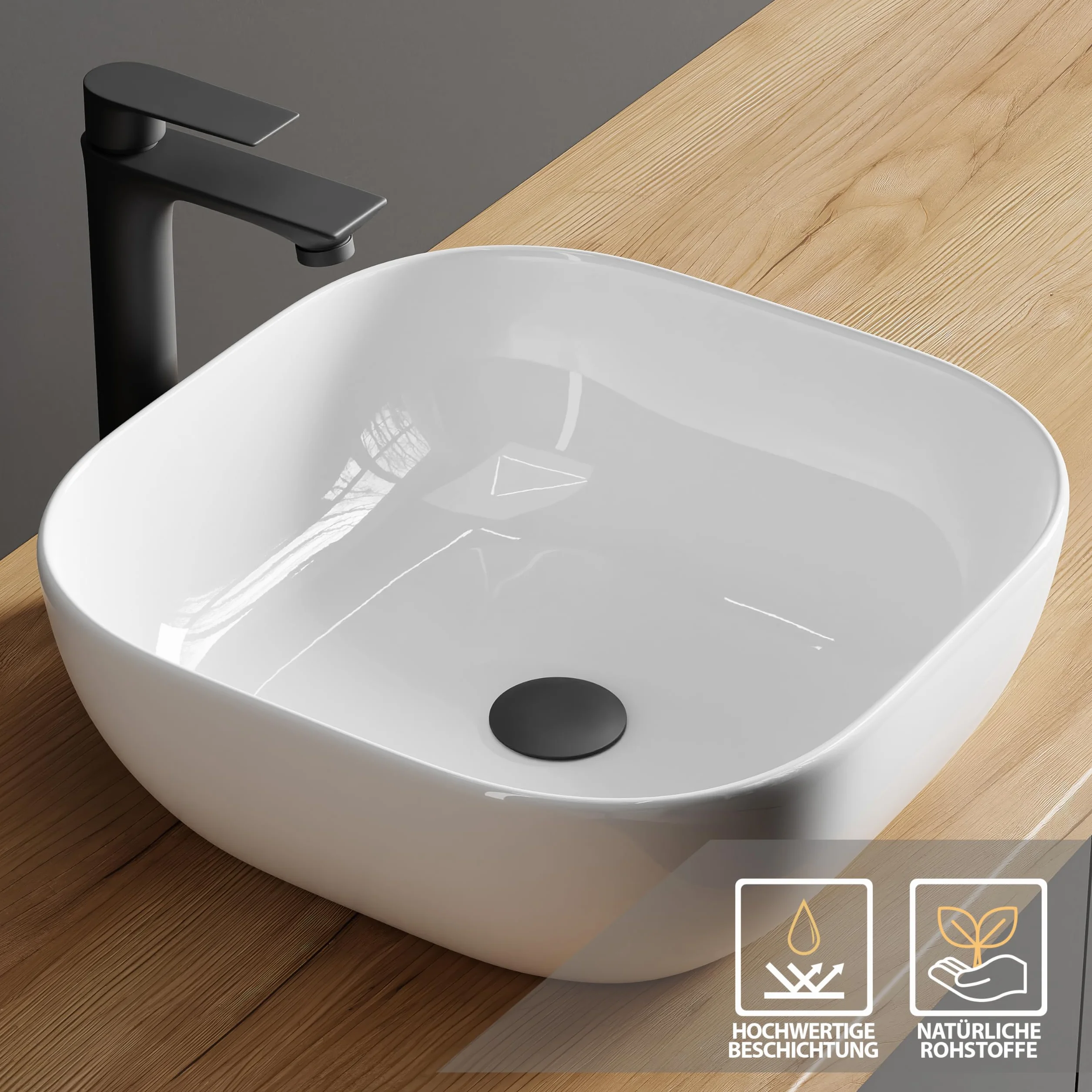 Planetmöbel Aquil Deluxe umywalka Square | Umywalka nablatowa do łazienki i WC dla gości | Umywalka do ręcznego spłukiwania bez otworu na baterię i przelewu | biała, 42,5 x 42,5 x14 cm