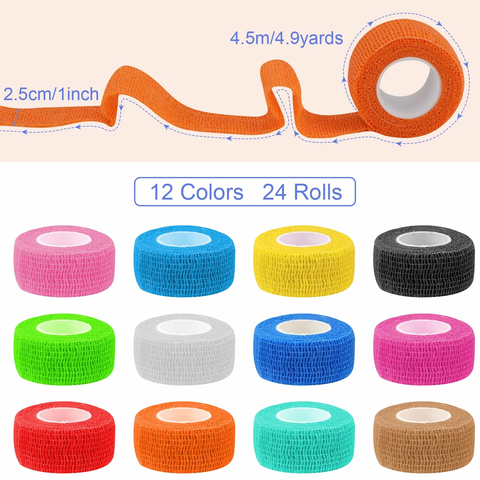 Bandaż samoprzylepny 24 rolki 2,5 cm x 4,5 m elastyczny pasek sportowy dla ludzi, zwierząt