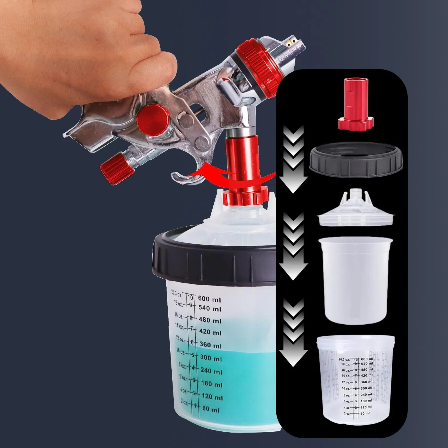 Zestaw kubków do mieszania farb 600 ml 10 sztuk 10 pokrywek z filtrami 1 twardy kubek 1 pręt 1 adapter 5 zatyczek