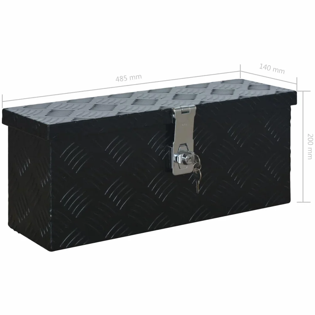 Aluminiowa skrzynka 485 x 140 x 200 mm, czarna, aluminiowa blacha falista z powłoką proszkową, lekka skrzynka narzędziowa z systemem zamykania i 2 kluczami do warsztatu, garażu i transportu