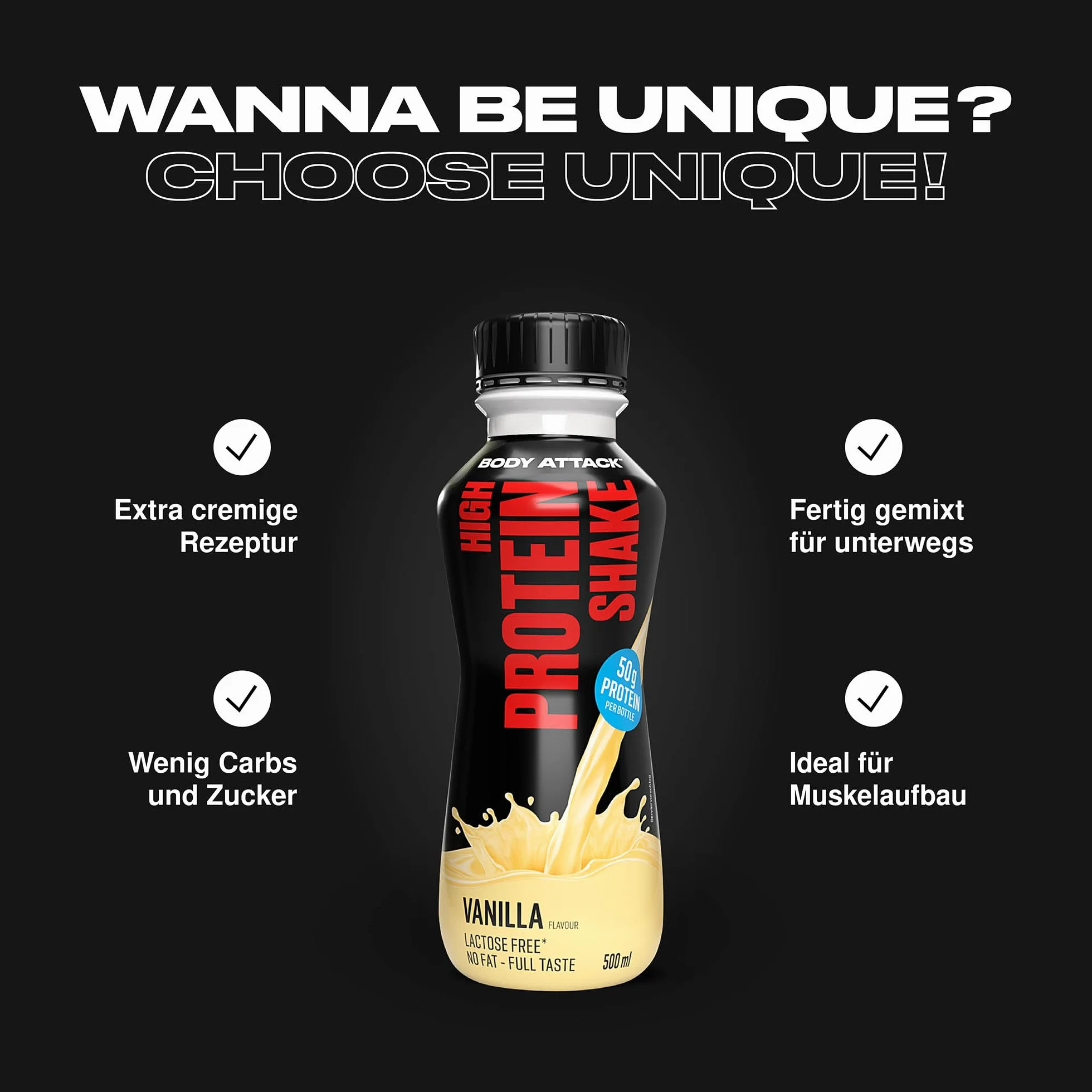 Body Attack High Protein Shake, 50 g, niskokaloryczny shake fitness z białkiem mleka dla rozwoju mięśni, gotowy do picia w podróży, wanilia (12 x 500 ml)