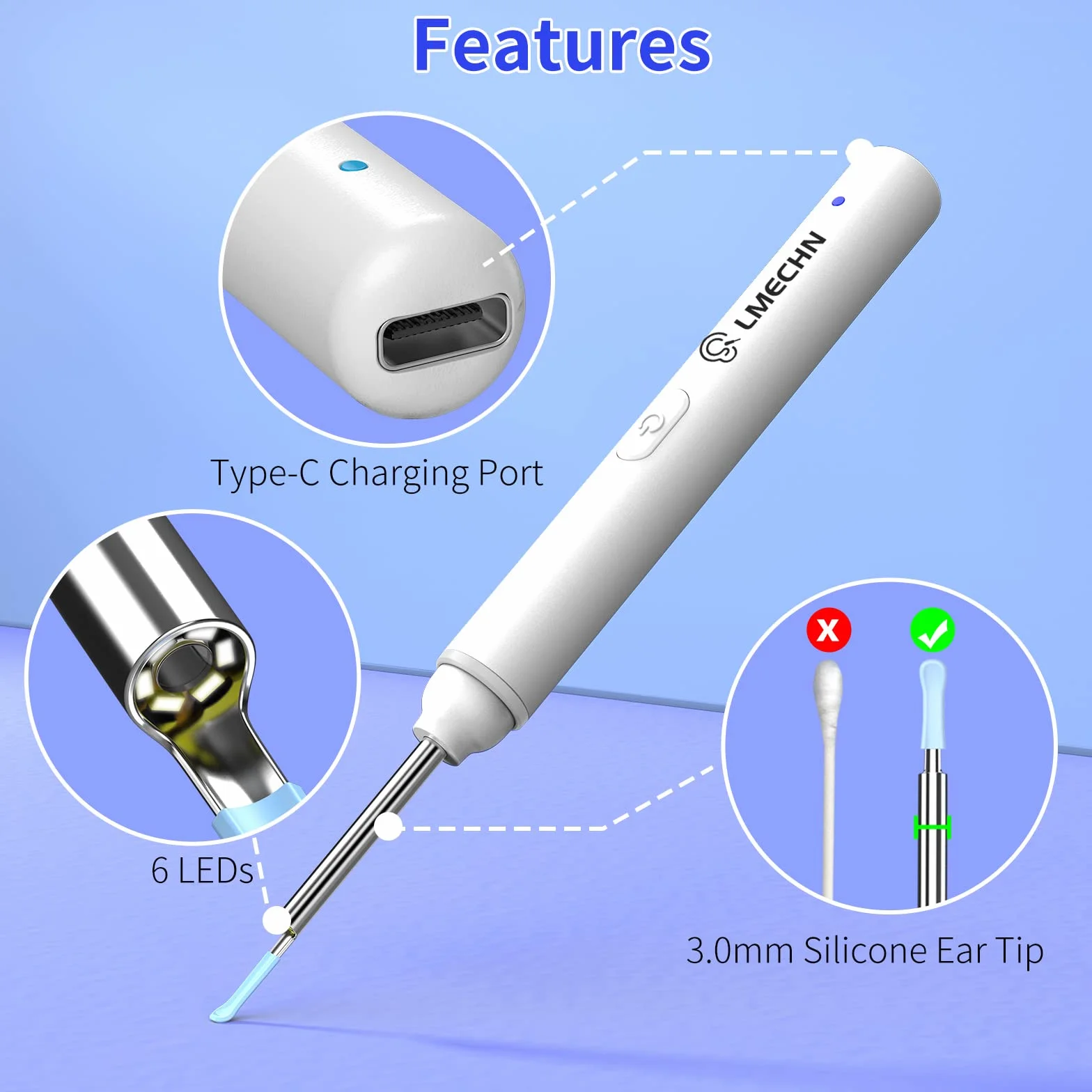 Otoskop HD 1920P Wodoodporna kamera do uszu IP67 6 diod LED iOS Android (biały)
