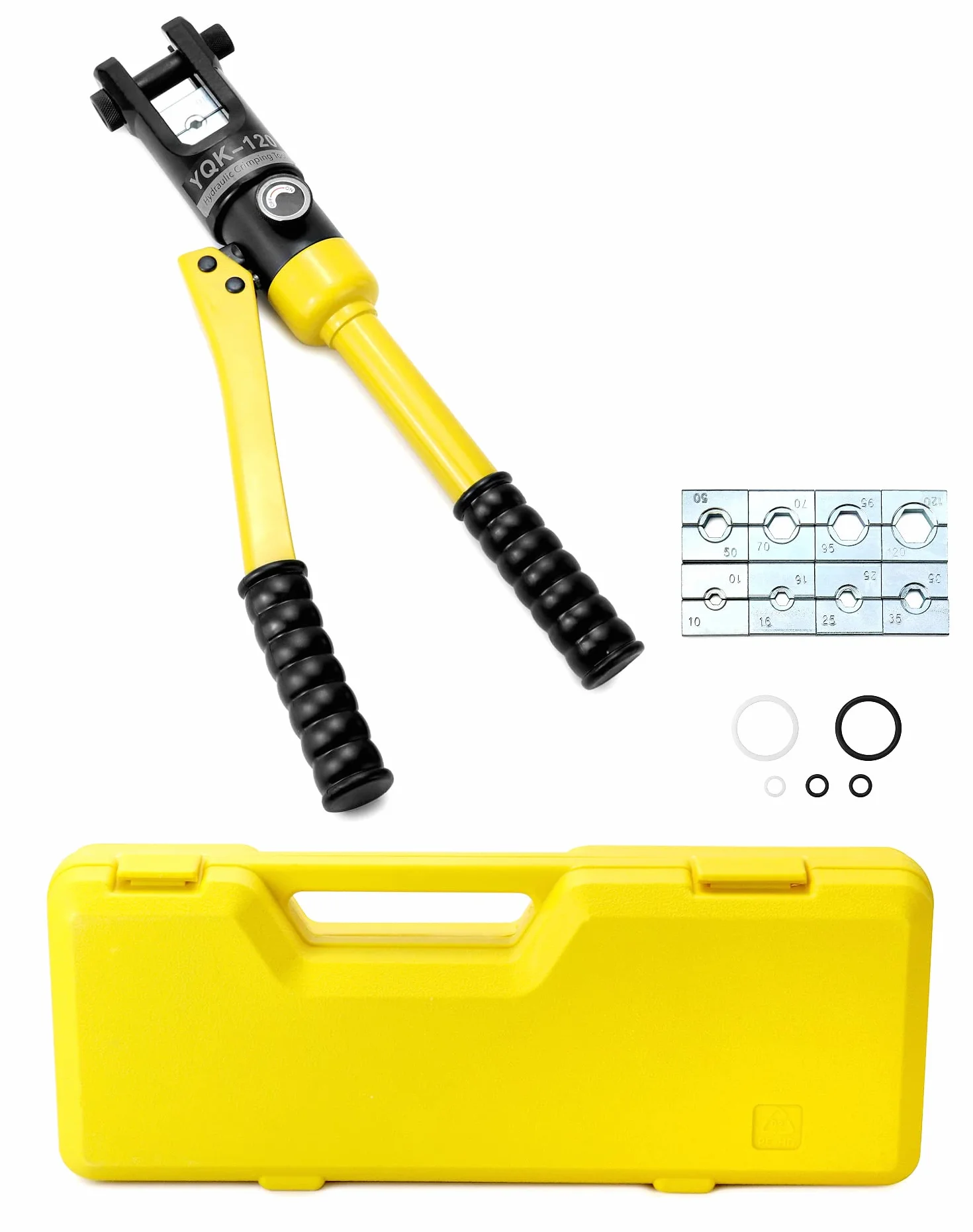 QWORK® Szczypce do zaciskania hydrauliczne, szczypce do zaciskania końcówek kablowych, 12 ton, z matrycami 8 10-120 mm²