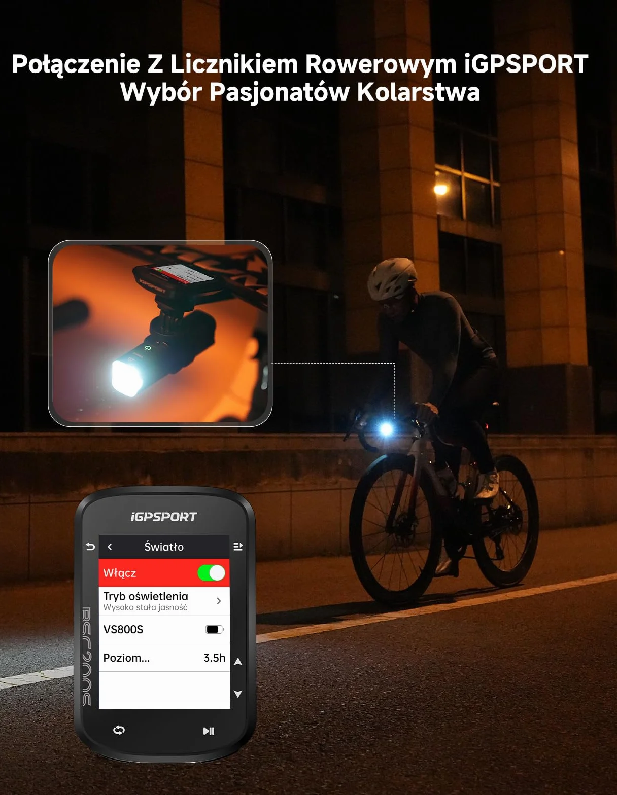 iGPSPORT VS800S Inteligentna Przednie Światła Rowerowe 800 LM, Bateria 4000 MAh, Auto Włącz/Wyłącz, Sterowanie Pilotem, 6 Trybów Światła, Antywstrząsowa, Antyodblaskowa, USB-C, Wodoodporność IPX6