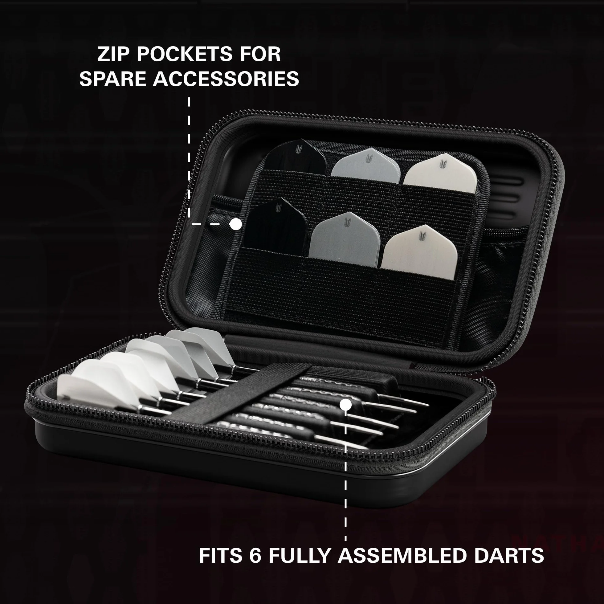 Target Darts Nathan Aspinall Ghost Series XL Takoma Wallet – “The Asp” profesjonalne etui na 6 zmontowanych rzutek, zamek błyskawiczny, trwałe czarno-białe akcesoria do przechowywania.
