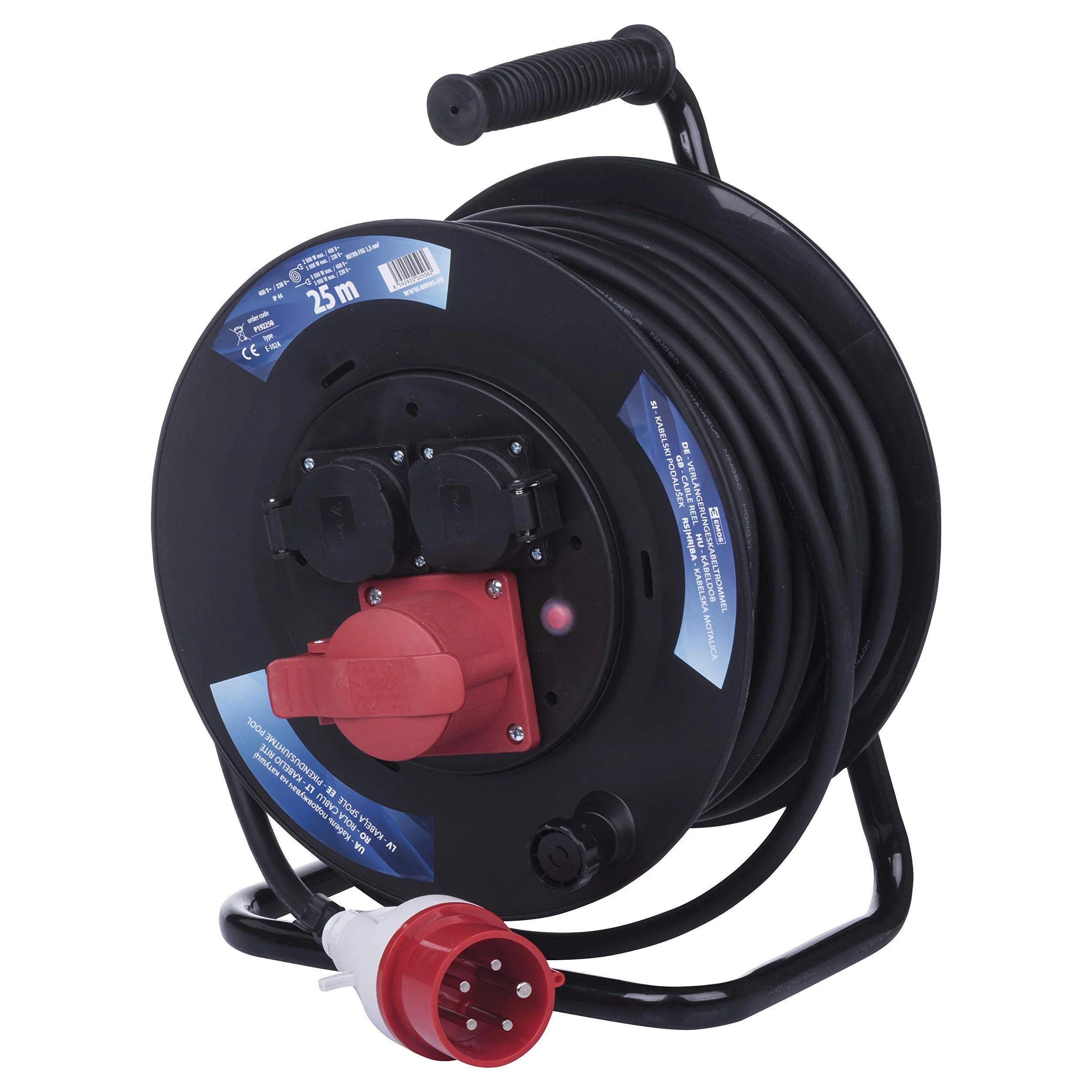EMOS - Bęben kablowy CEE 25 m - 3 gniazda (1 CEE, 2 Schuko) - wodoszczelny - 230 V/400 V, 13 A, 3000 W/5000 W - izolacja gumowa - H07RN-F 1,5 mm2 - IP44 do użytku na zewnątrz i na kemping