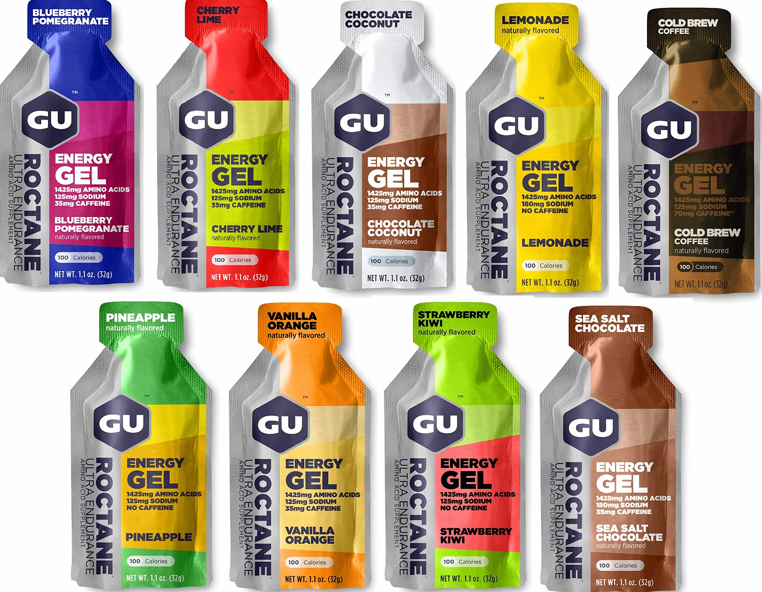 GU ROCTANE Energy Gel zestaw testowy, 9 rodzajów, każdy po 32 g