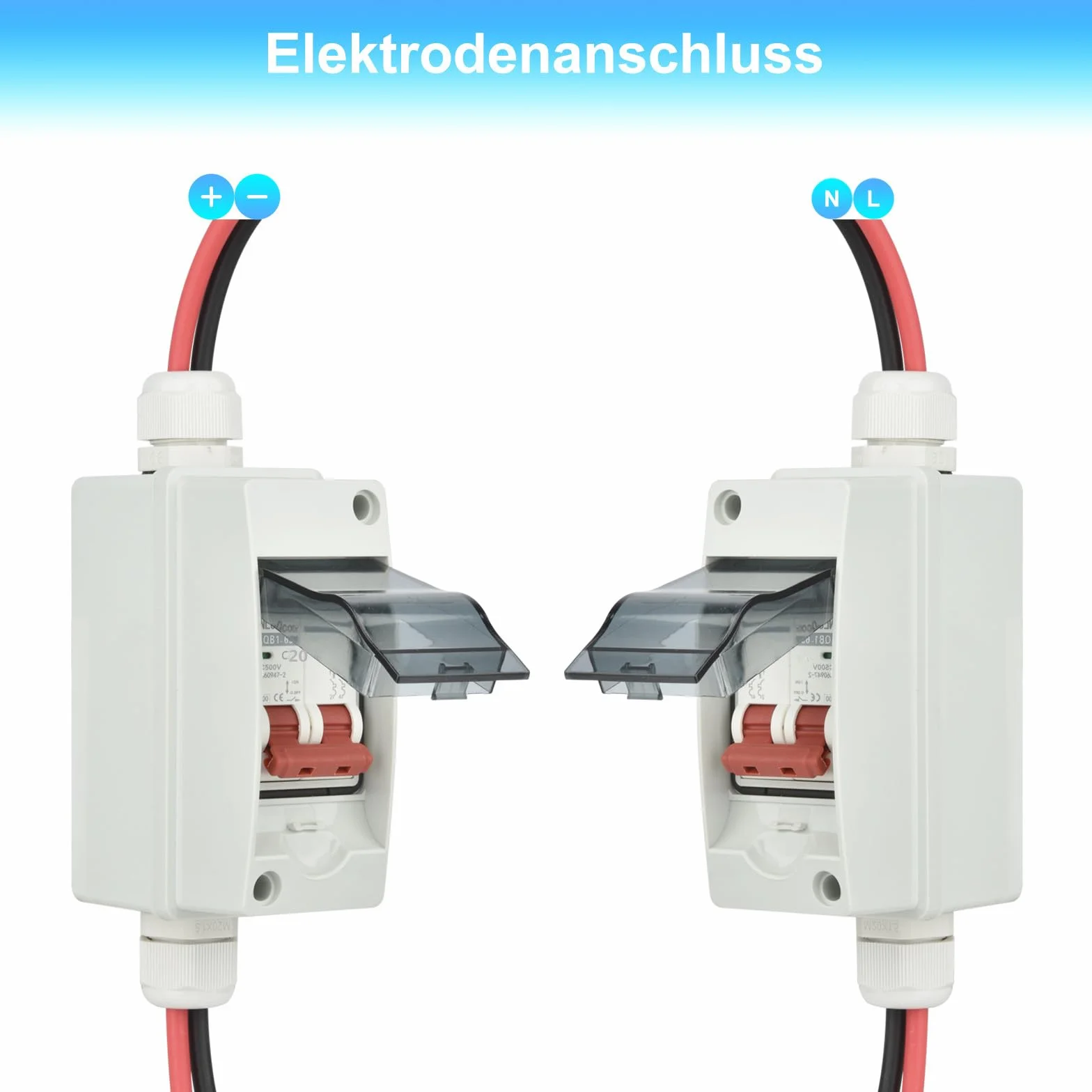 NUZEKY Odłącznik DC 500 V – odłącznik DC 20 A, wyłącznik DC 2-biegunowy 20 A, 2P, 500 V, z kablem, IP65, wodoszczelna obudowa, wyłącznik ochronny do instalacji solarnych