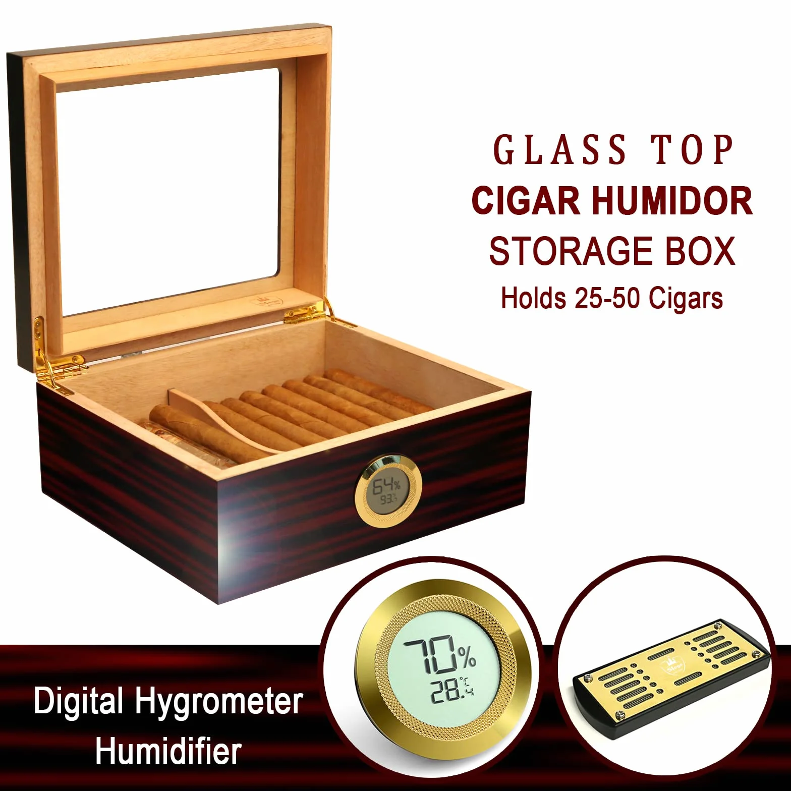 Humidor do cygar, ręcznie wykonany humidor cygara, hiszpański cygara, cedrowy, cyfrowy higrometr, nawilżacz, rozdzielacz, prezent dla mężczyzn (30-50 cygar)