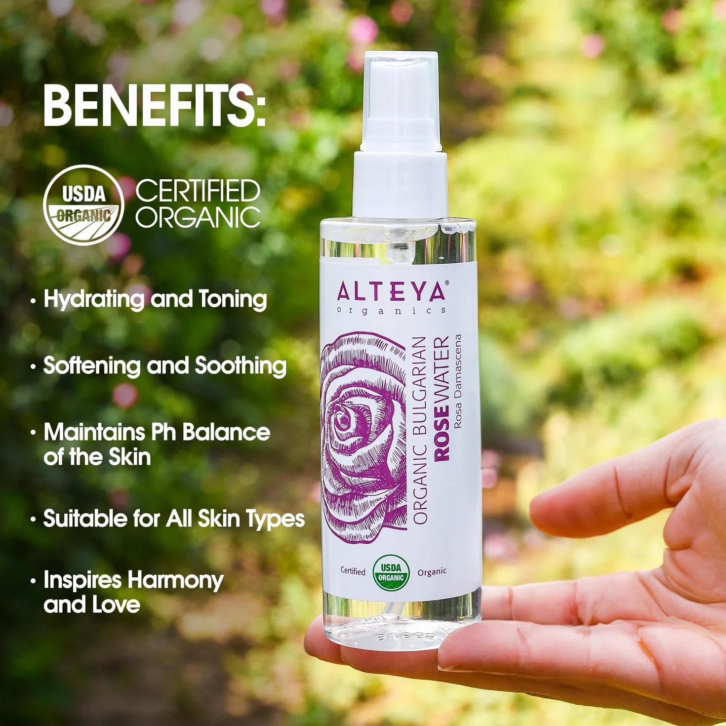 Alteya Bio woda różana w sprayu, 100 ml – 100% certyfikat USDA Organic, autentyczna, czysta naturalna woda kwiatowa z róży damasceńskiej, sprzedaż bezpośrednio od hodowcy róż Alteya Organics