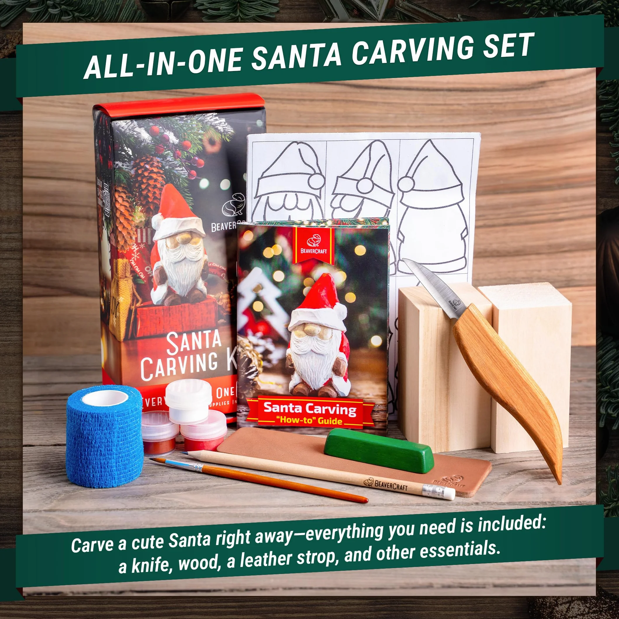 BeaverCraft Zestaw do rzeźbienia DIY06 Santa dla początkujących – Zestaw narzędzi do rzeźbienia w drewnie, DIY dla dorosłych – Zestawy hobbystyczne dla dorosłych, Prezenty dla miłośników stolarki