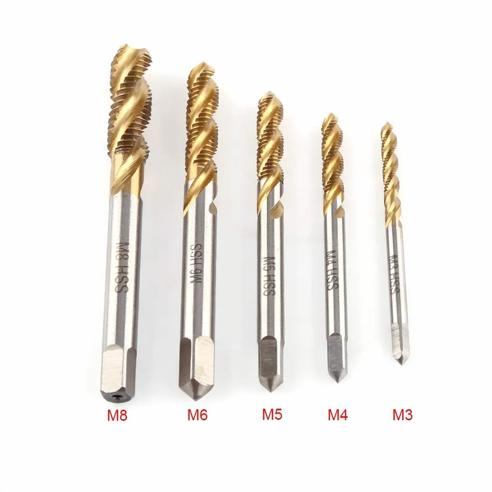 5 pcs Gewindebohrer Set Titan Beschichtet HSS Schraube Sechskantschaft Senker Werkzeuge Spiralnut Gewinde Schneiden Gewindebohrer M3 M4 M5 M6 M8 für Holz Kunststoff Dünnes Aluminium