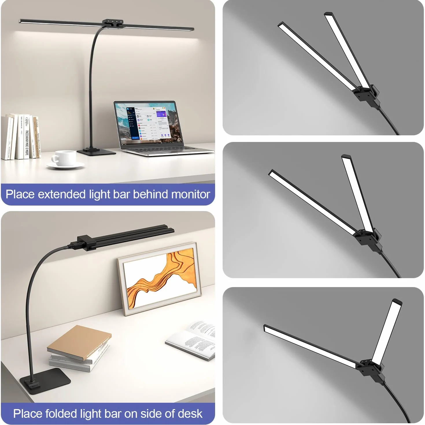 Lampka biurkowa LED 24 W, podwójna głowica, podstawa, 80 cm | Elastyczne ramię, Czułe sterowanie dotykowe, Wiele trybów oświetlenia, Ochrona wzroku bez migotania, Funkcja pamięci