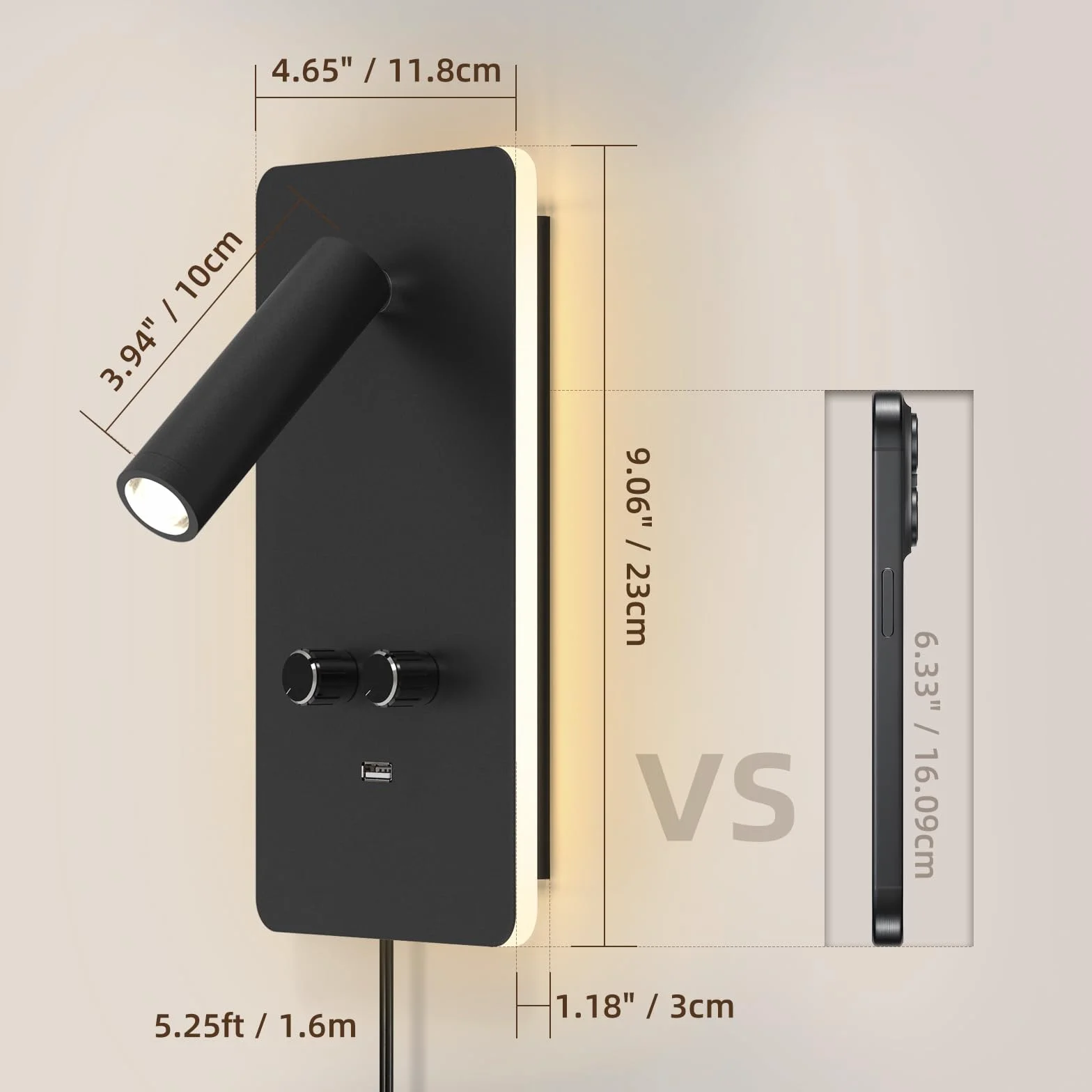 M04 Ścienna lampa do czytania z regulacją jasności (0,9-3,7W) - LED z podświetleniem 1,2-6W, port USB, do montażu na wtyczkę lub stałe podłączenie，Czarny