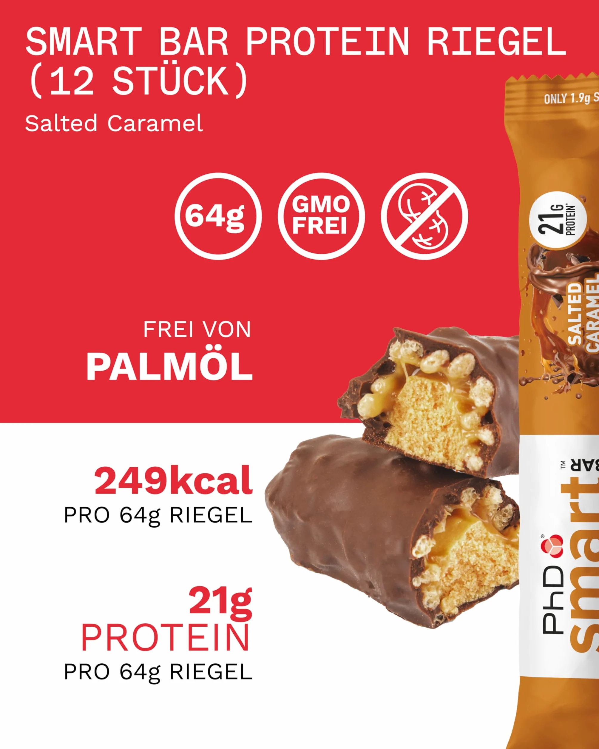 PhD Nutrition Smart Plant Bar niskokaloryczny, wysokobiałkowy, niskocukrowy wegański baton proteinowy/przekąski proteinowe, smak solonego karmelu, 20 g białka roślinnego, baton 64 g (12 sztuk)