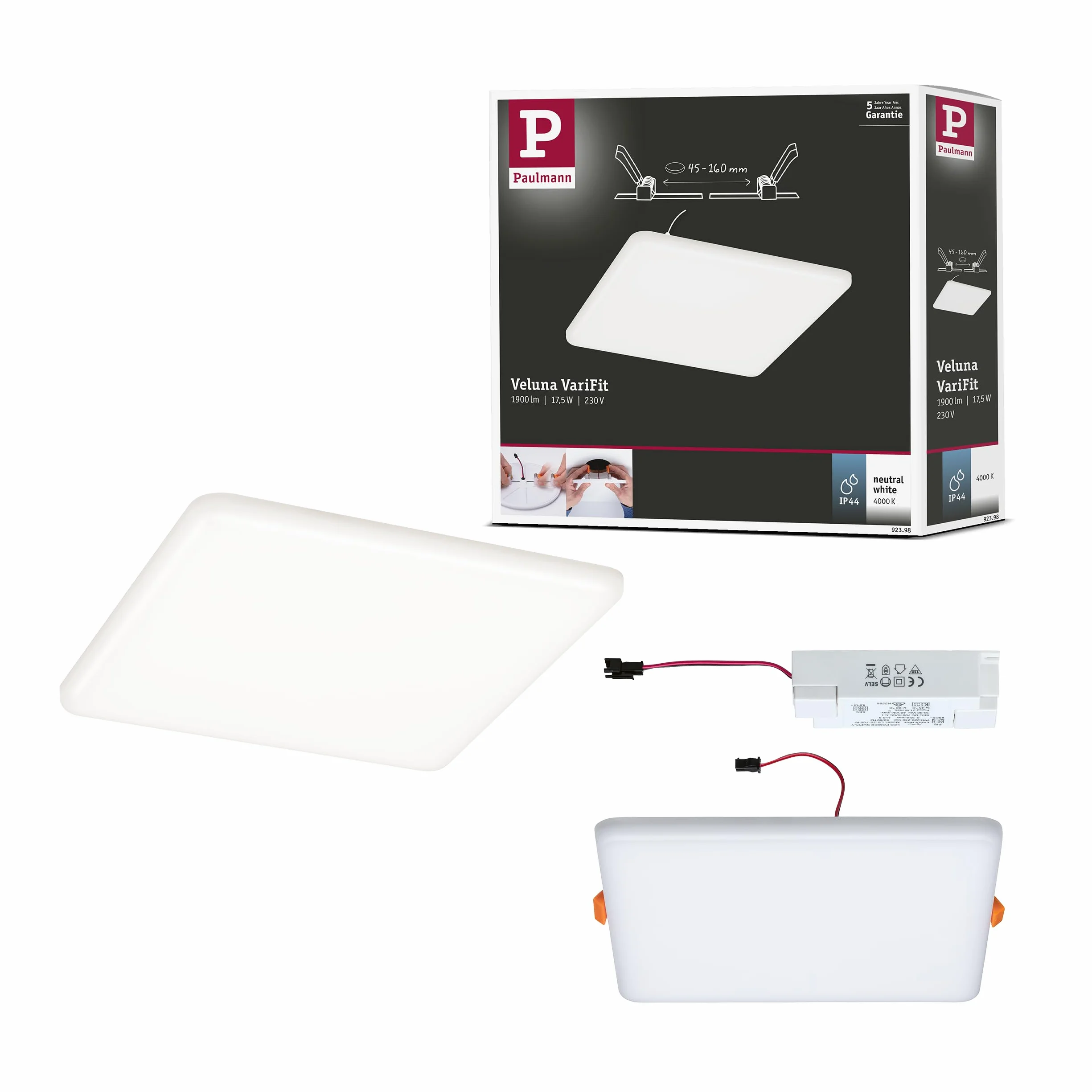 Paulmann 92398 Panel LED, oprawa wpuszczana Veluna VariFit, IP44 185x185mm czworok., w kompl. oprawa sufitowa 1x17,5 W satyn. tworzywo sztuczne 4000 K