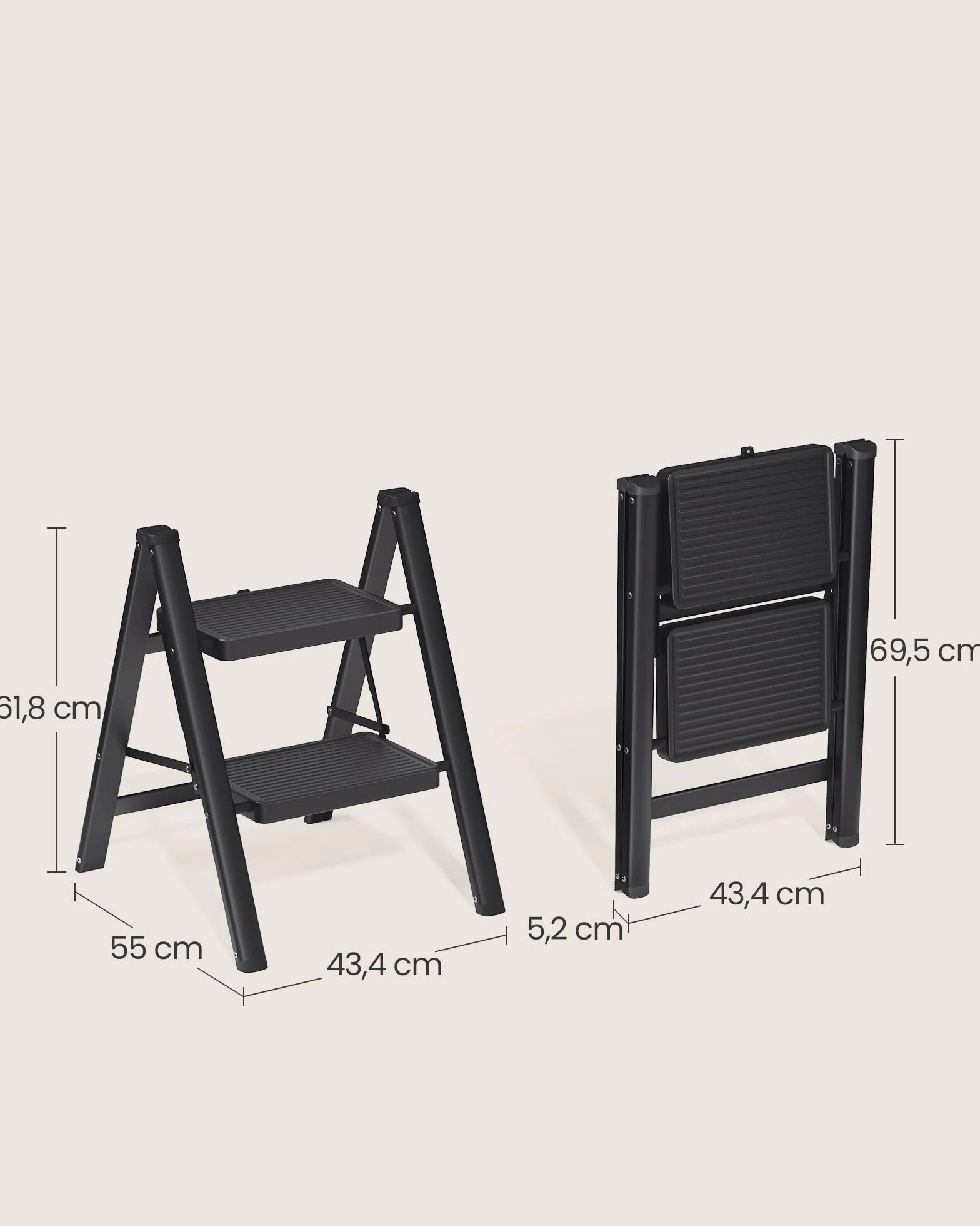 SONGMICS składana drabina schodkowa dwustopniowa stalowa 150 kg 55 x 43,4 x 61,8 cm czarna GSL102BZ01