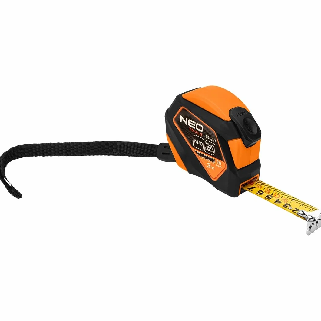 NEO TOOLS Profesjonalna taśma miernicza 3 m – nylonowa taśma stalowa – haczyki magnetyczne – przyciski zatrzymania – automatyczne zatrzymywanie taśmy – szerokość taśmy 16 mm – dokładność MID