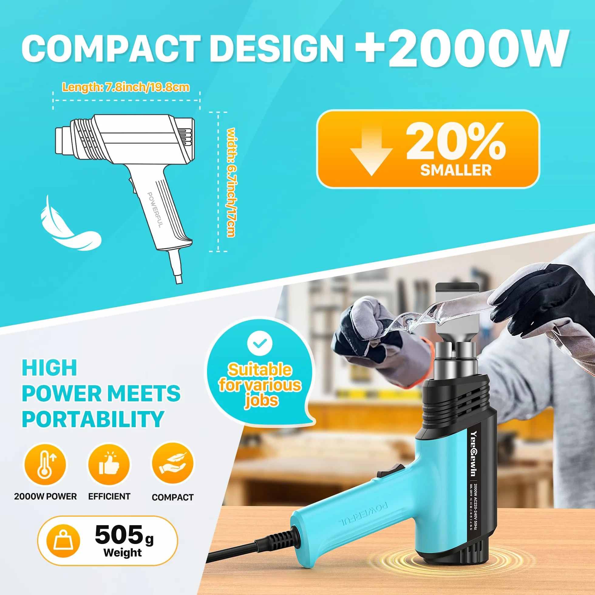 Pistolet na gorące powietrze 2000 W, regulacja temperatury 50-650℃ z wyświetlaczem LCD, zabezpieczenie przed przegrzaniem, pamięć włączenia, suszarka do usuwania farby, odkształcenia folii