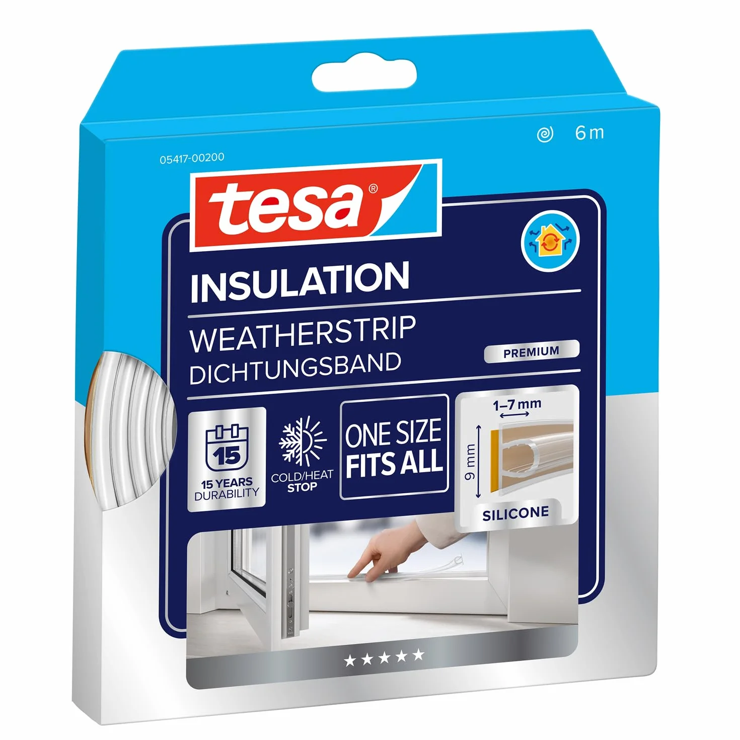 tesa INSULATION Premium taśma uszczelniająca - Samoprzylepna silikonowa uszczelka do izolacji szczelin w oknach i drzwiach - Przezroczysta - 6 m x 9 mm x 7 mm