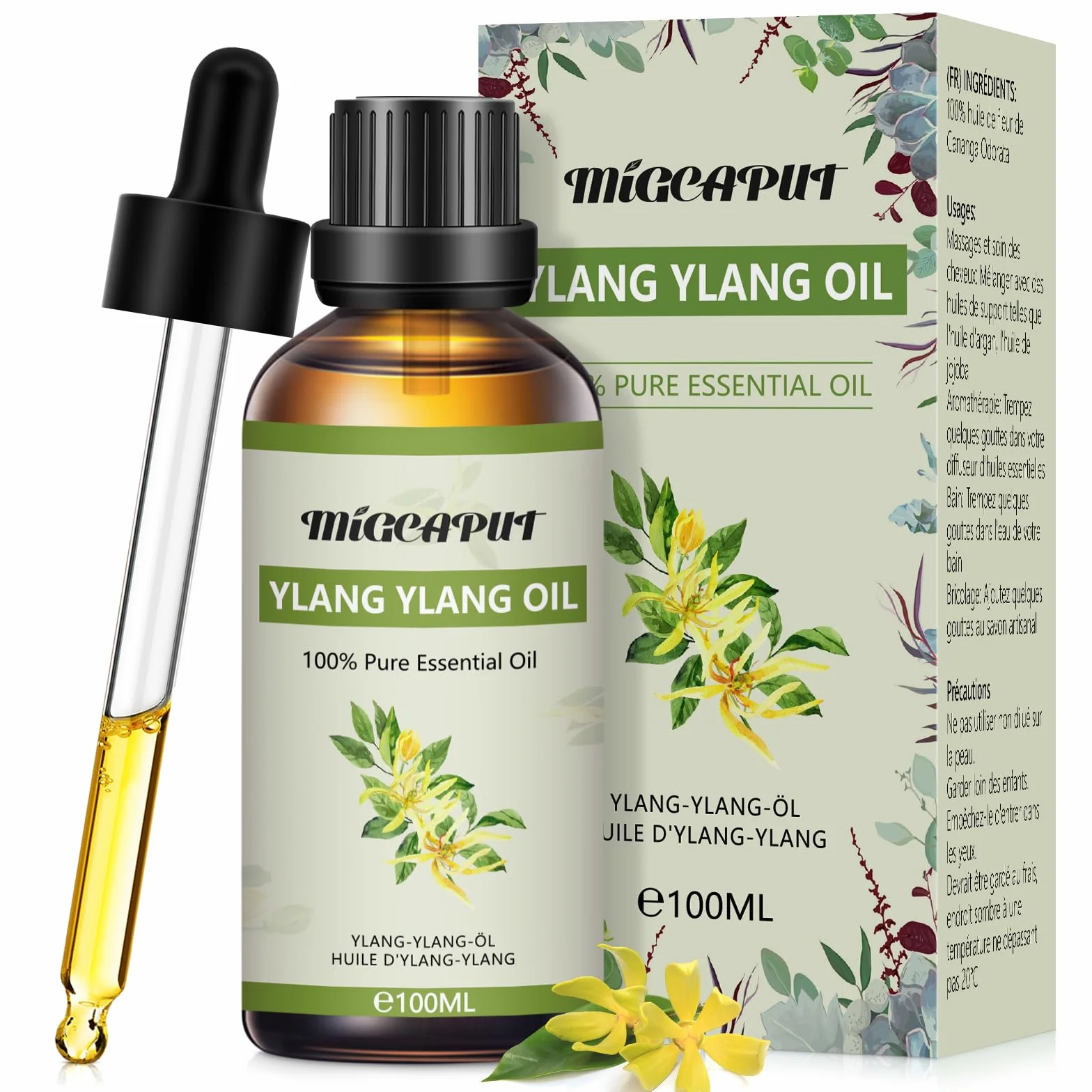 MIGCAPUT Olejek Eteryczny Ylang Ylang 100ML, 100% Naturalny Olejek Aromaterapeutyczny Klasy Terapeutycznej do Pielęgnacji Twarzy, Lepszy Sen, Nawilżacz Powietrza