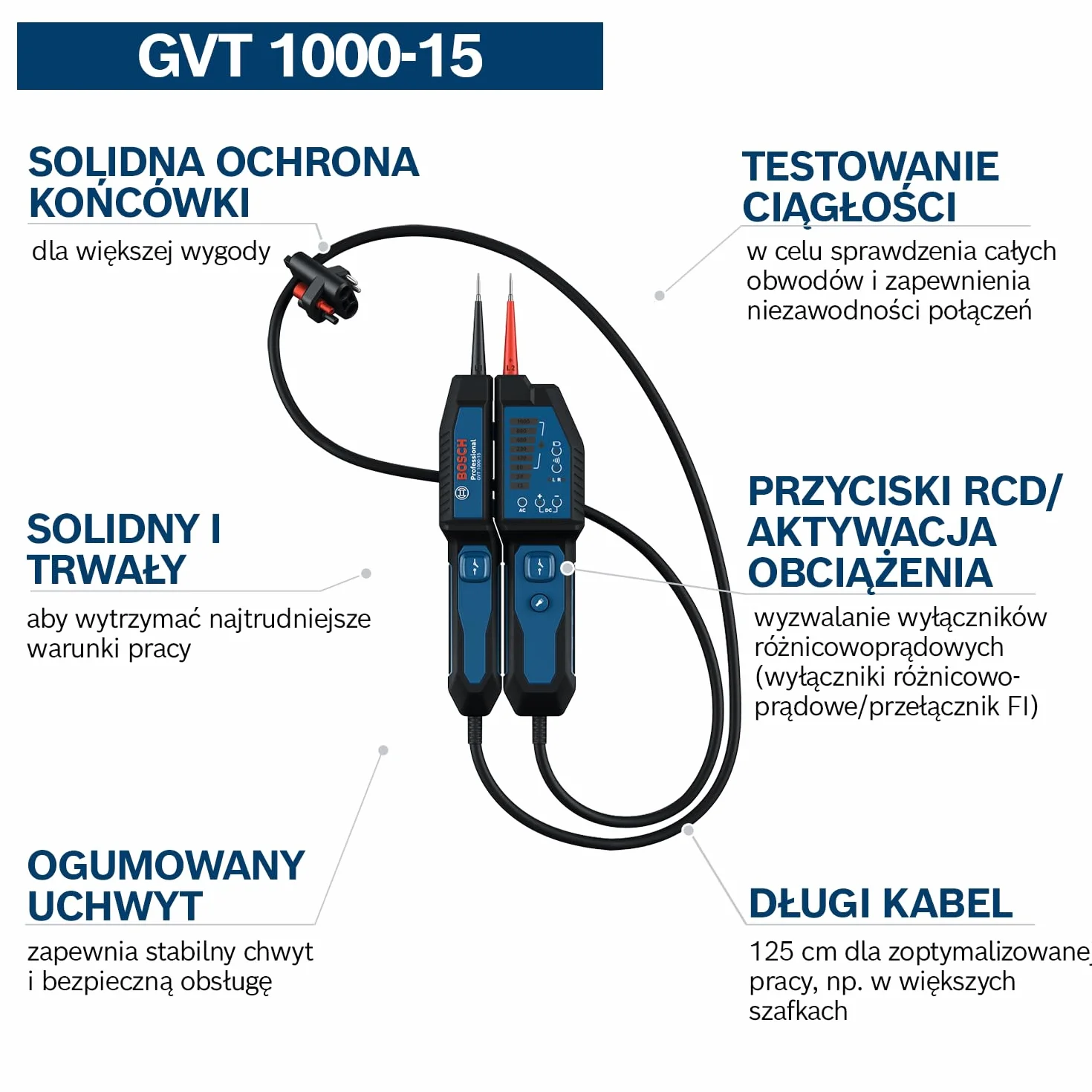 Bosch Professional Tester napięcia GVT 1000-15 (pomiarynapięcia do 1000 V AC/DC, wizualna informacja zwrotna LED, brzęczyk, alarmy wibracyjne, przewody o długości 125 cm, 2x1,5 V LR03 (AA))