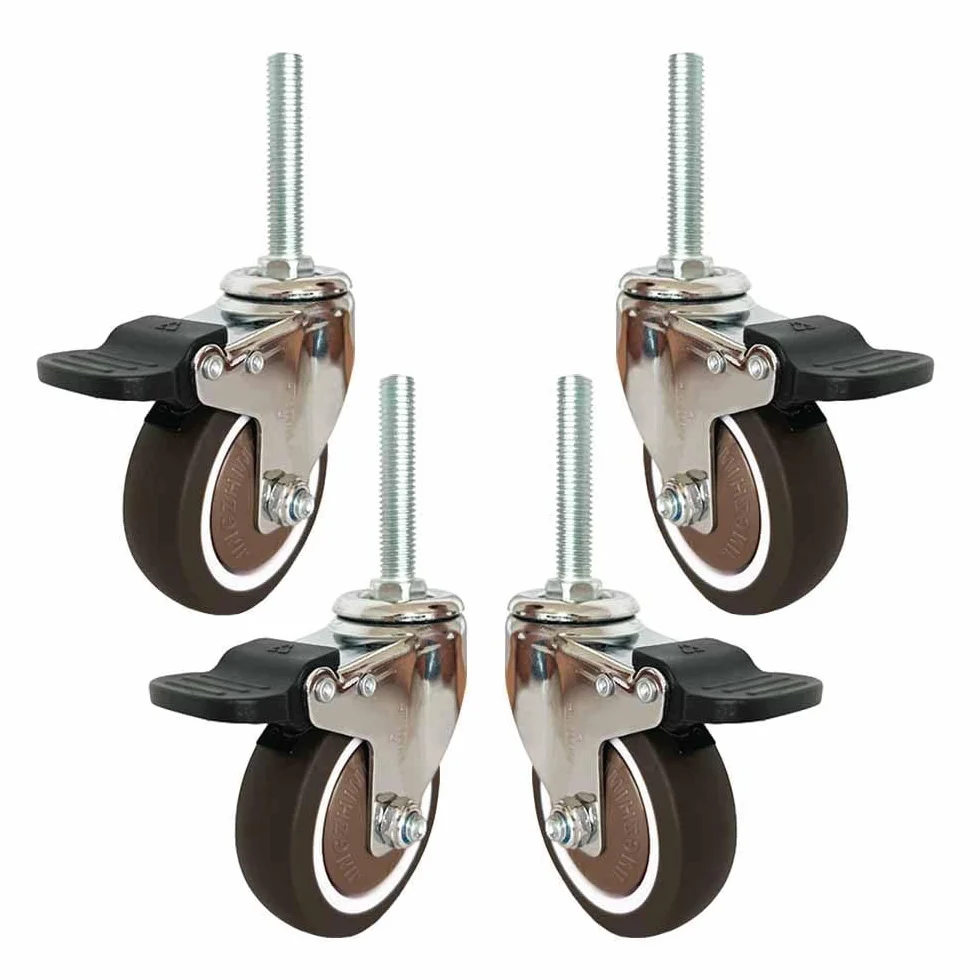 M12x60mm Kółko Meblowe Z Gwintowanym Trzpieniem, Zestaw 4 Sztuk, 2/2,5/3/4 Cala Obrotowe Kółka Samonastawne Z Hamulcem, Blokujące Koło Zapasowe Do Wózka, Bezgłośne Gumowe Kó, 2.5"/63mm