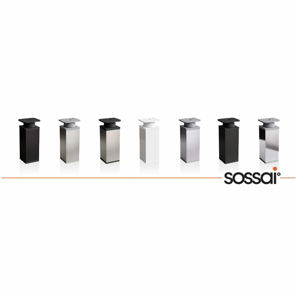 sossai® - stopki meblowe MFV1 | komplet/zestaw 8 sztuk | stopki kwadratowe 40 x 40mm | kolor: czarny mat | wysokość: 80mm z możliwością regulacji +20mm | tworzywo: aluminium | zestaw wkrętów do drewna