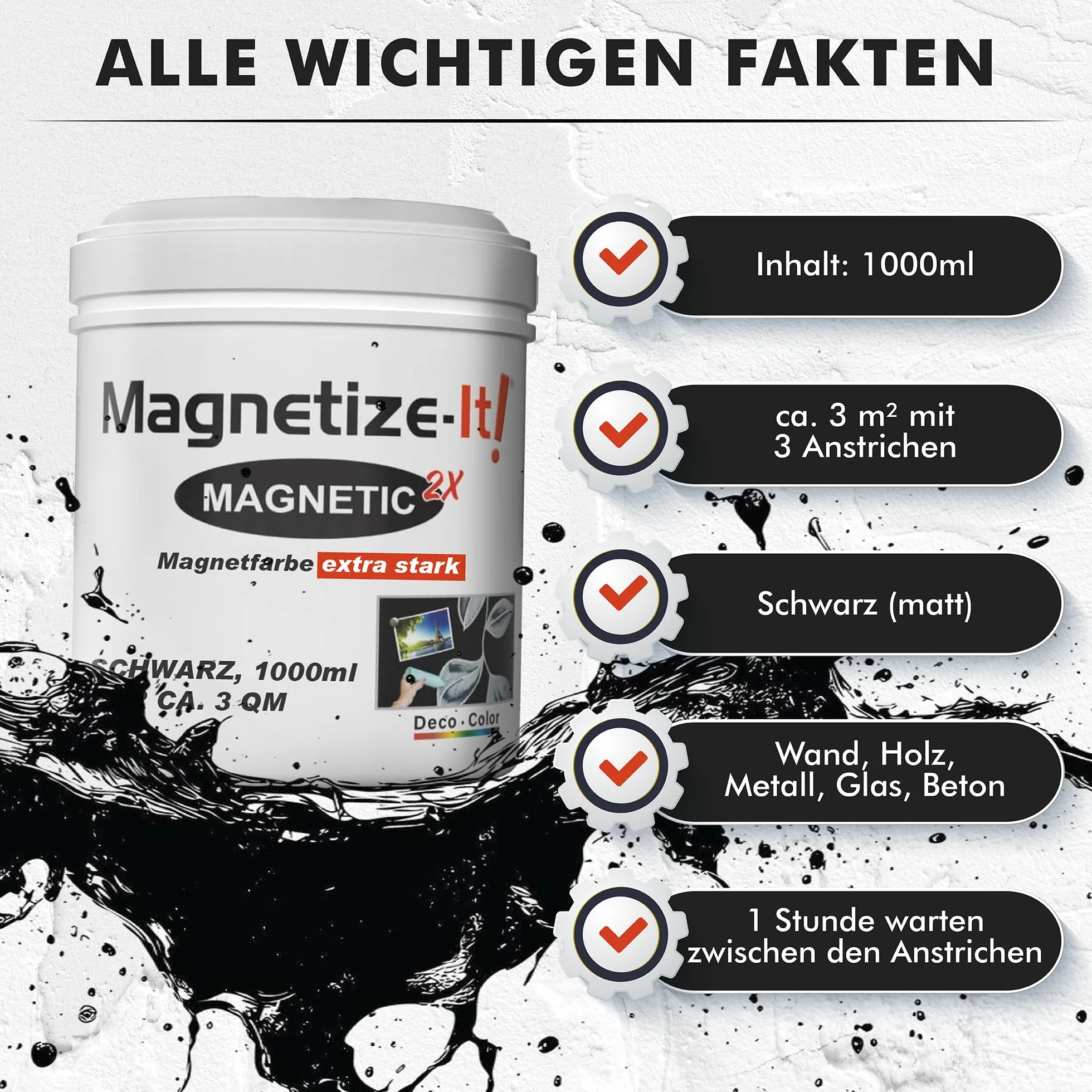 Farba magnetyczna, bardzo mocna, nadaje się do malowania kredą i magnesem (szara, 1000 ml) - farba tablicowa magnetyczna na ścianę ok. 3 m² - magnetyczna farba ścienna - lakier tablicowy
