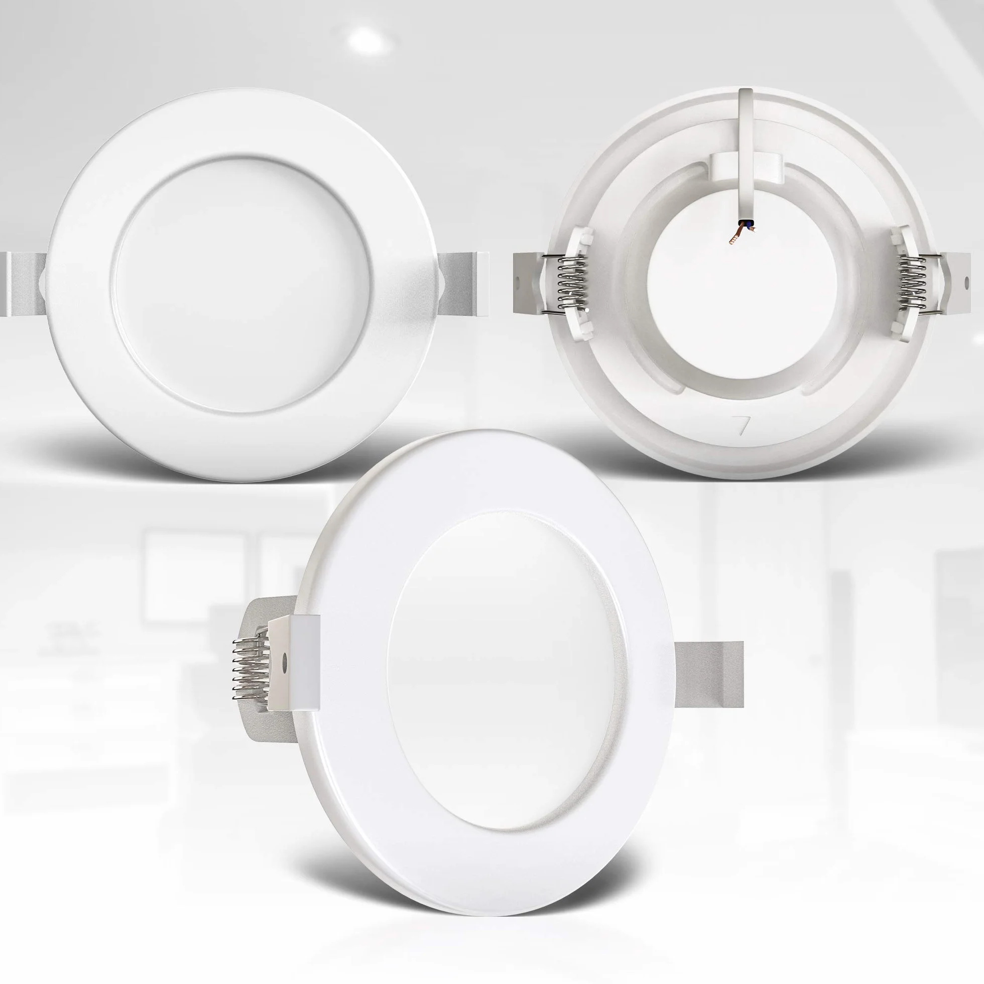 B.K.Licht zestaw 3 ściemnianych reflektorów LED do zabudowy w łazience, ultra-cienki, wycięcie na suficie Ø 100 mm / 3,94 cala, wbudowane moduły LED 6 W, 600 lm, ciepłe białe światło 3000 K, IP44, nie wymaga transformatora 230 V