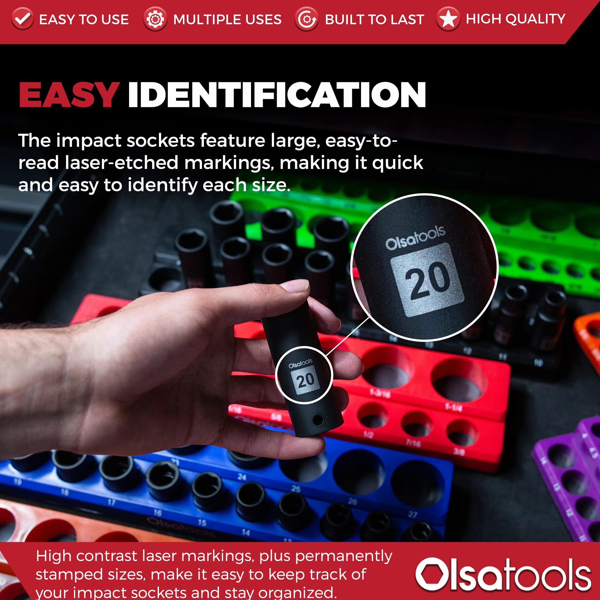 Olsa Tools 1/5.1 cm Drive Cr-Mo zestaw nasadek udarowych | profesjonalny CrMo | 6-punktowy metryczny | 15 szt. 10 mm do 24 mm | oznaczenia o wysokim kontraście | chromowo-molibden | etui do