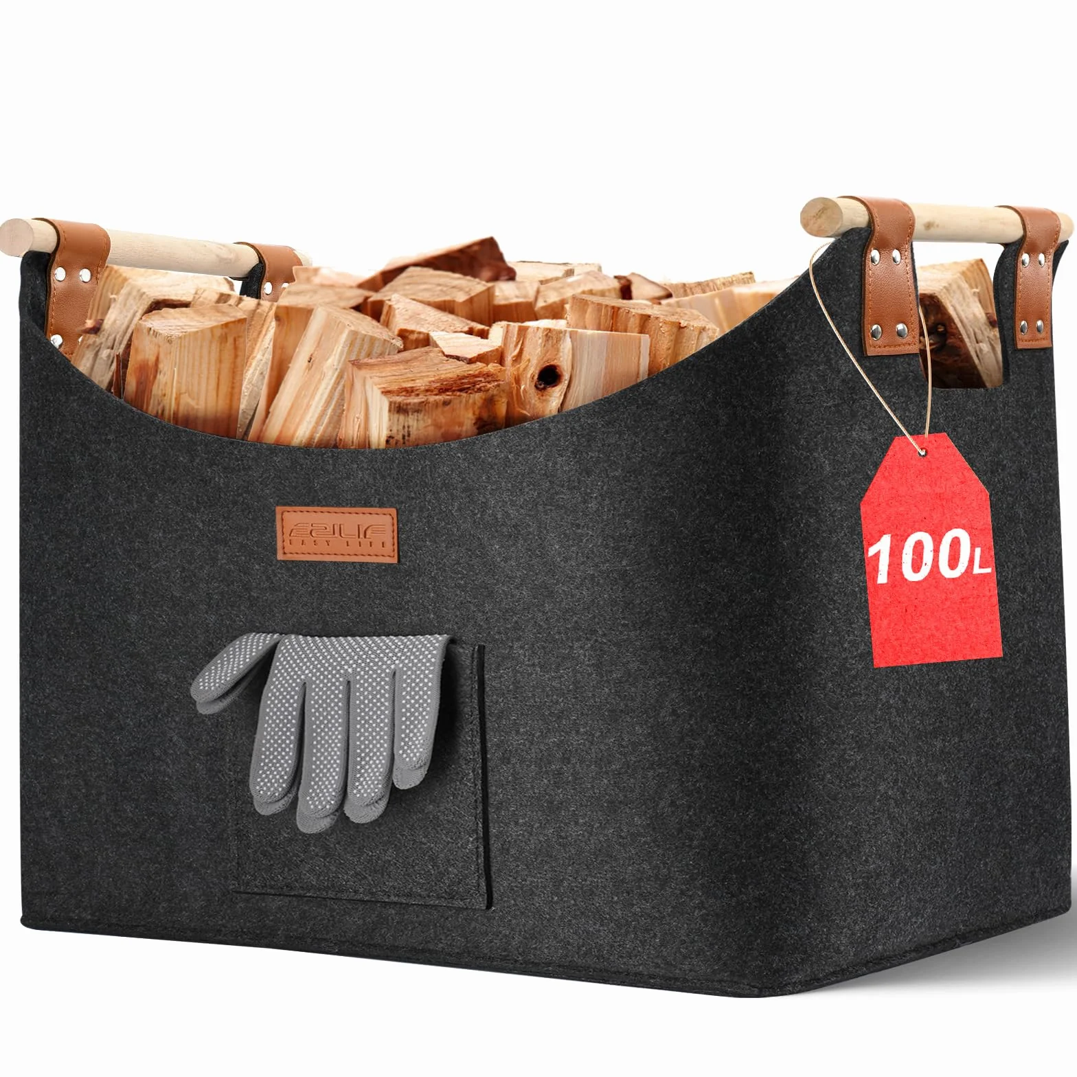 Kosz na drewno kominkowe XXL z podwójną wzmocnioną skórą, 100 l, z przodu, składany, 60 x 40 x 40 cm