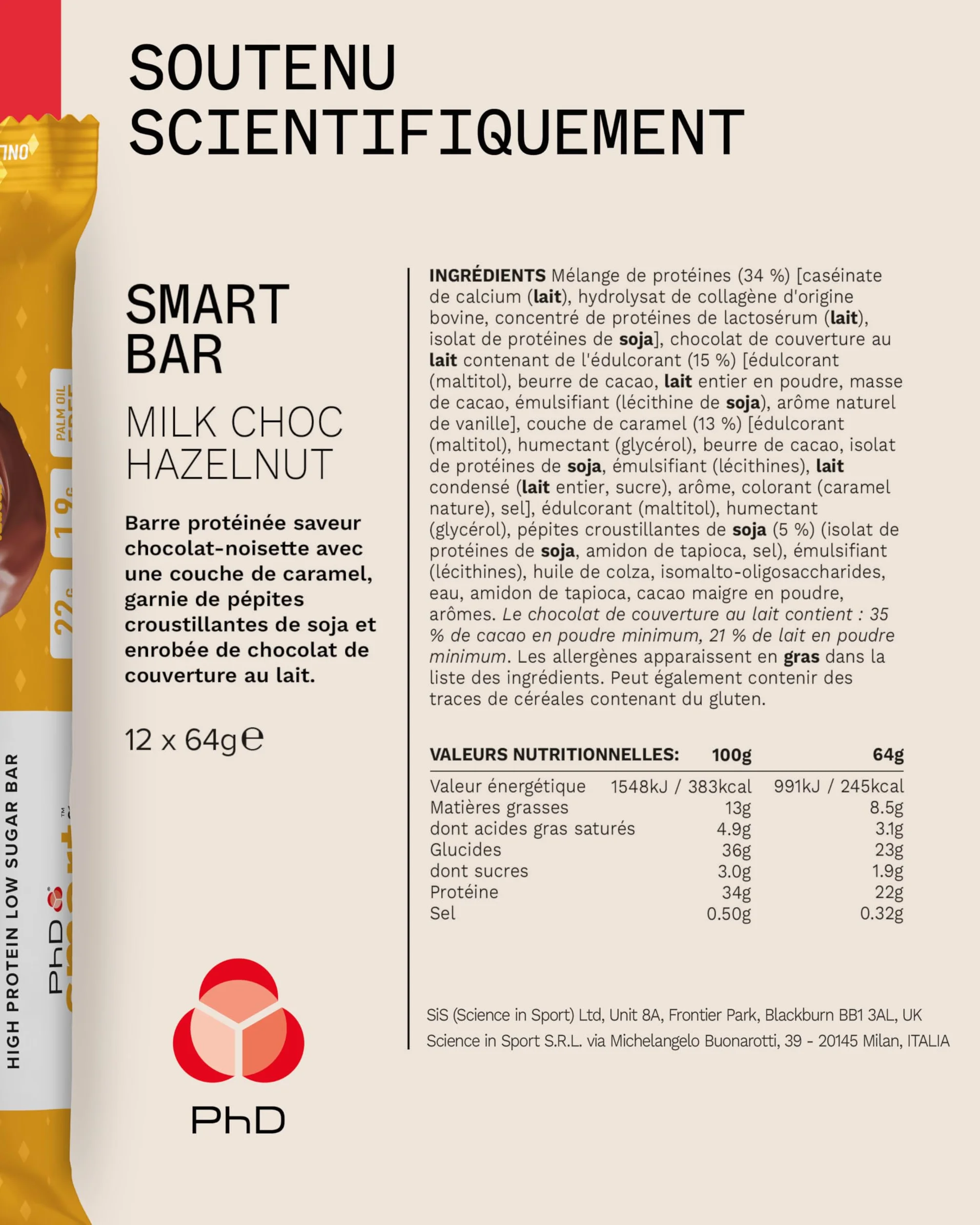 PhD Nutrition Smart Protein Bar baton białkowy 64g 20g białka niskokaloryczny czekoladowy orzech laskowy 12 sztuk