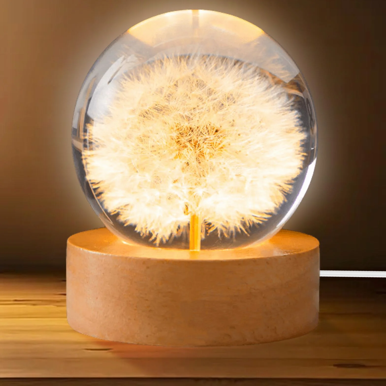 Kryształowa kula, lampka nocna, 6 cm, szklana lalka, lampka nocna, kwiatowa lampka nocna z drewnianą podstawą USB, idealny prezent