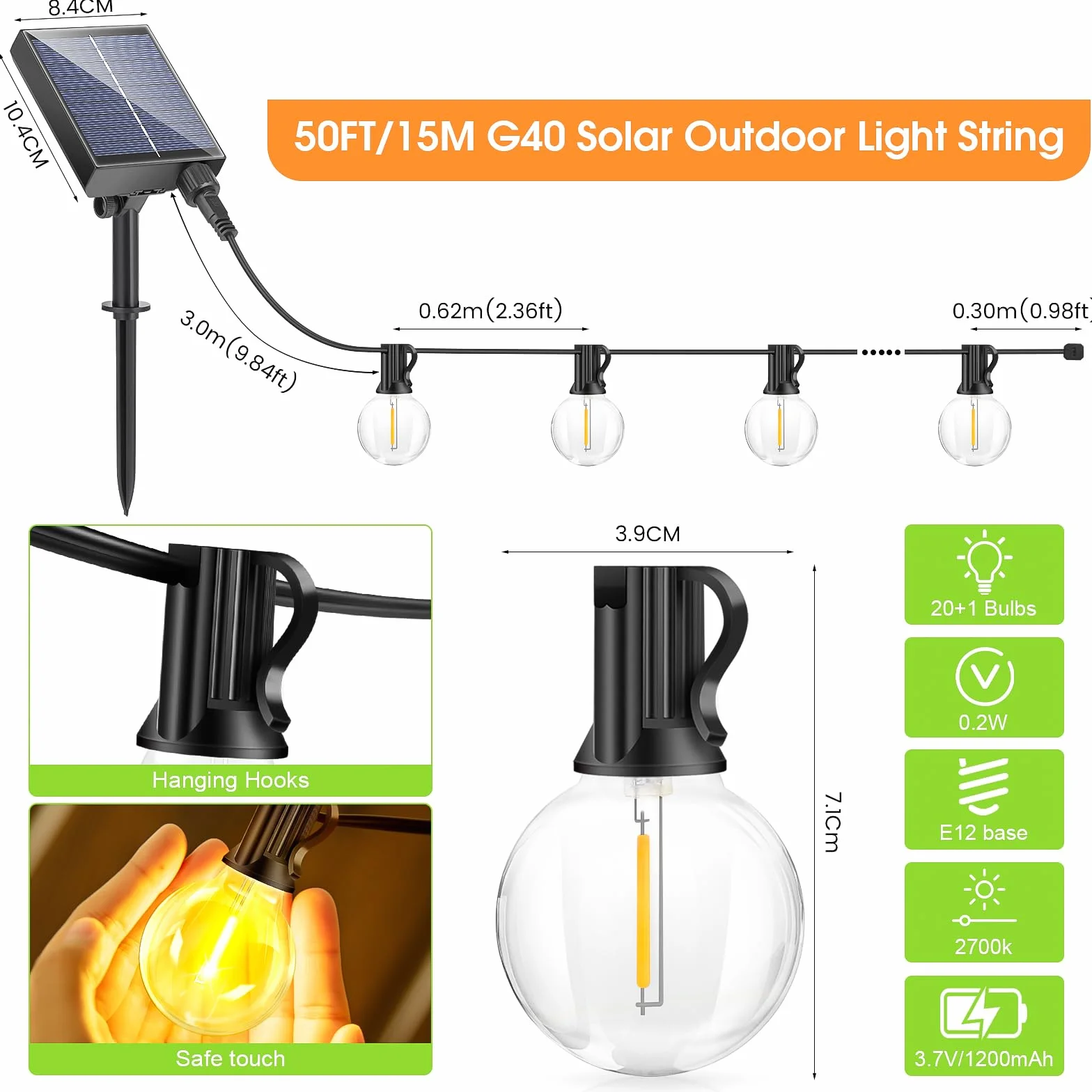 Solarna girlanda świetlna LED, 15 m, zewnętrzna girlanda oświetleniowa LED, z pilotem zdalnego sterowania, 20 + 1 żarówek, 8 trybów, IP44, wodoodporna, do ogrodu, na balkon, wesele, dekoracja