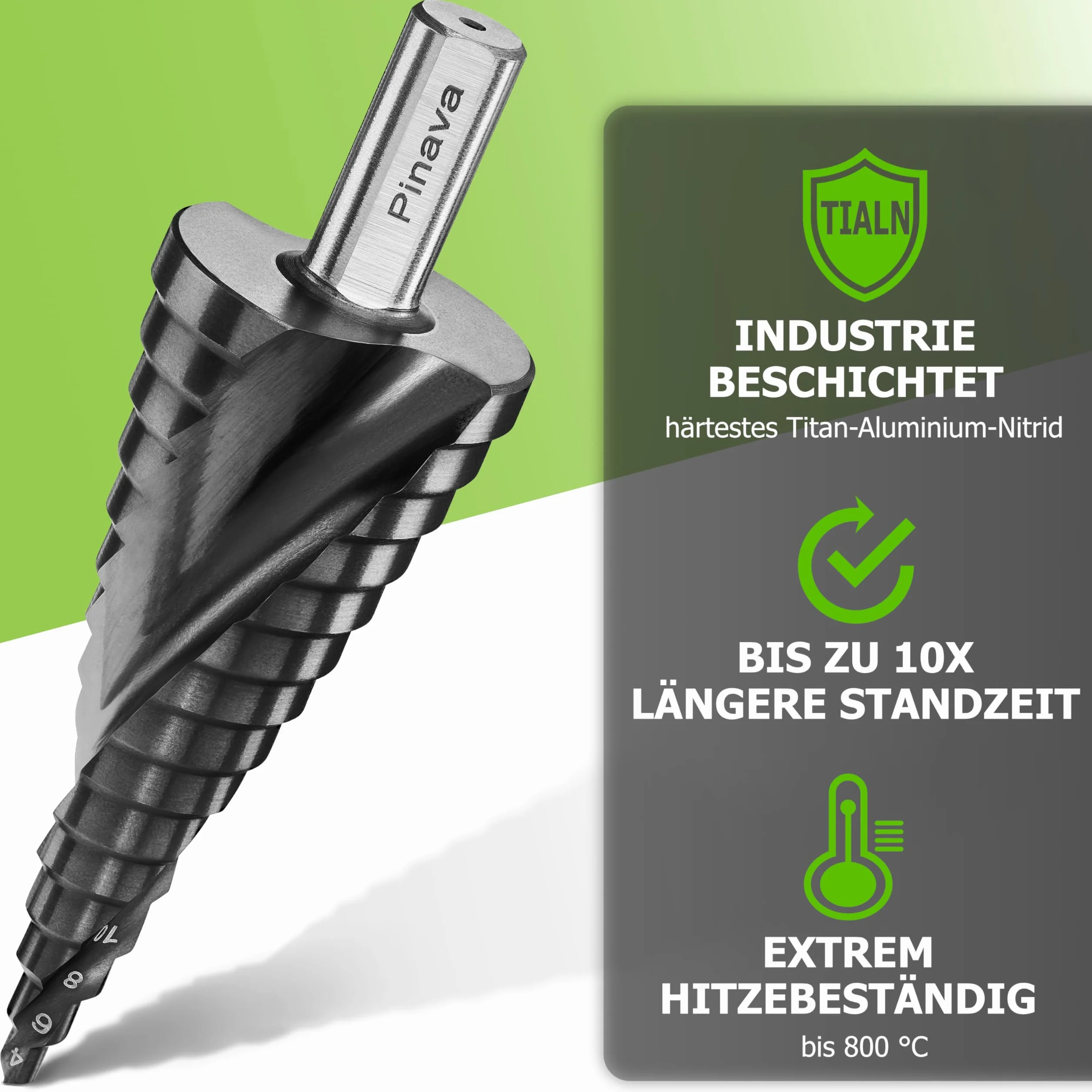 Pinava Wiertło stopniowe HSS Cobalt Pro TiAIN [bardzo trwałe i odporne na wysokie temperatury] – profesjonalne wiertło stożkowe do stali nierdzewnej, metalu, drewna, tworzywa sztucznego – bardzo ostre