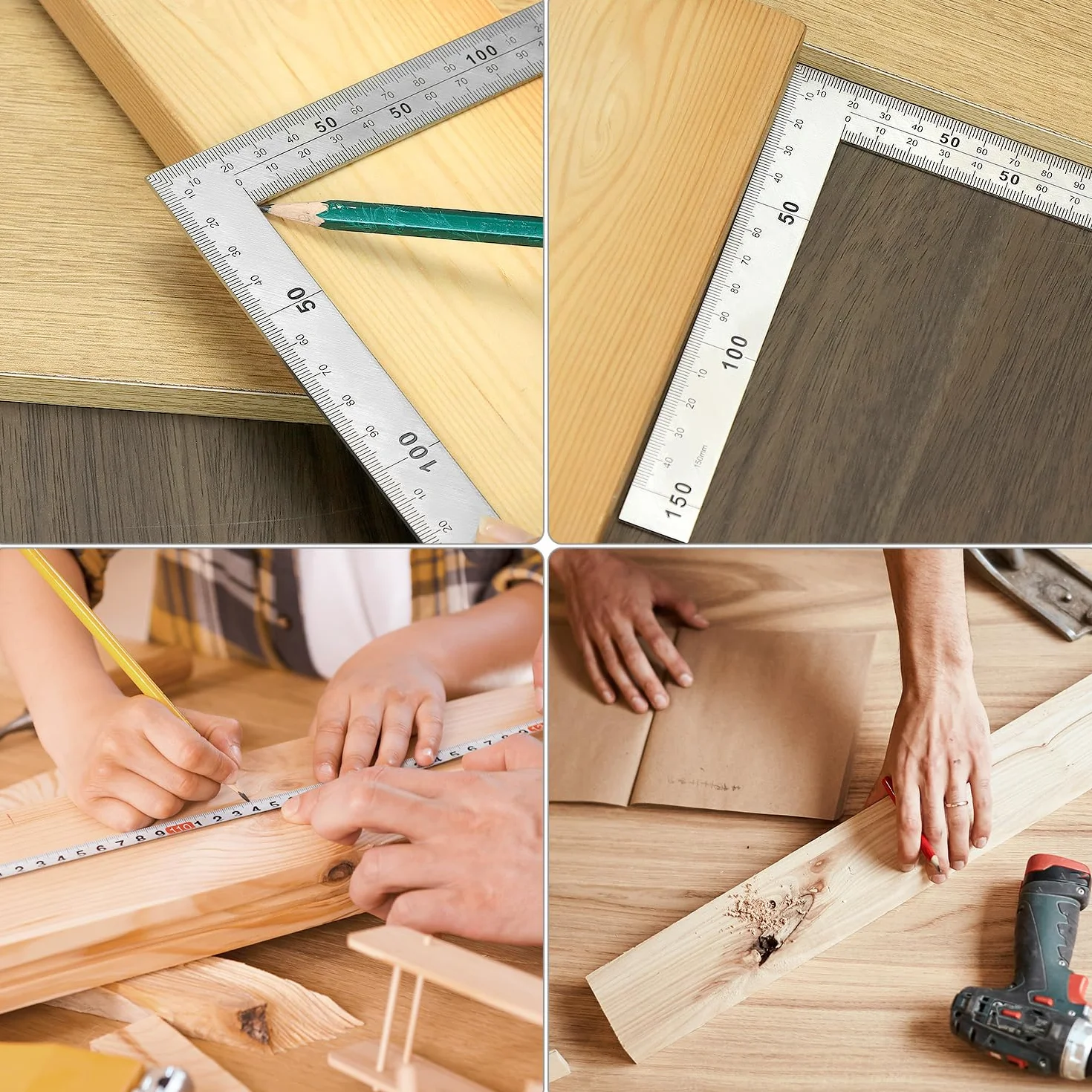 QWORK® Kwadratowa linijka ze stali nierdzewnej w kształcie litery L, 150 x 300 mm, dwustronna linijka kątowa do biura, budownictwa i obróbki drewna