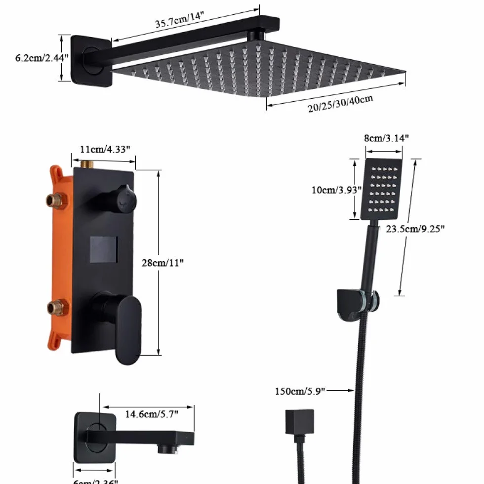 Bateria natryskowa do łazienki, 3-funkcyjna, matowa, czarna, cyfrowa, zestaw baterii natryskowych, deszczownica, przełącznik 3-drożny, zestaw natryskowy, bateria miesza (8 Inch Shower Set)