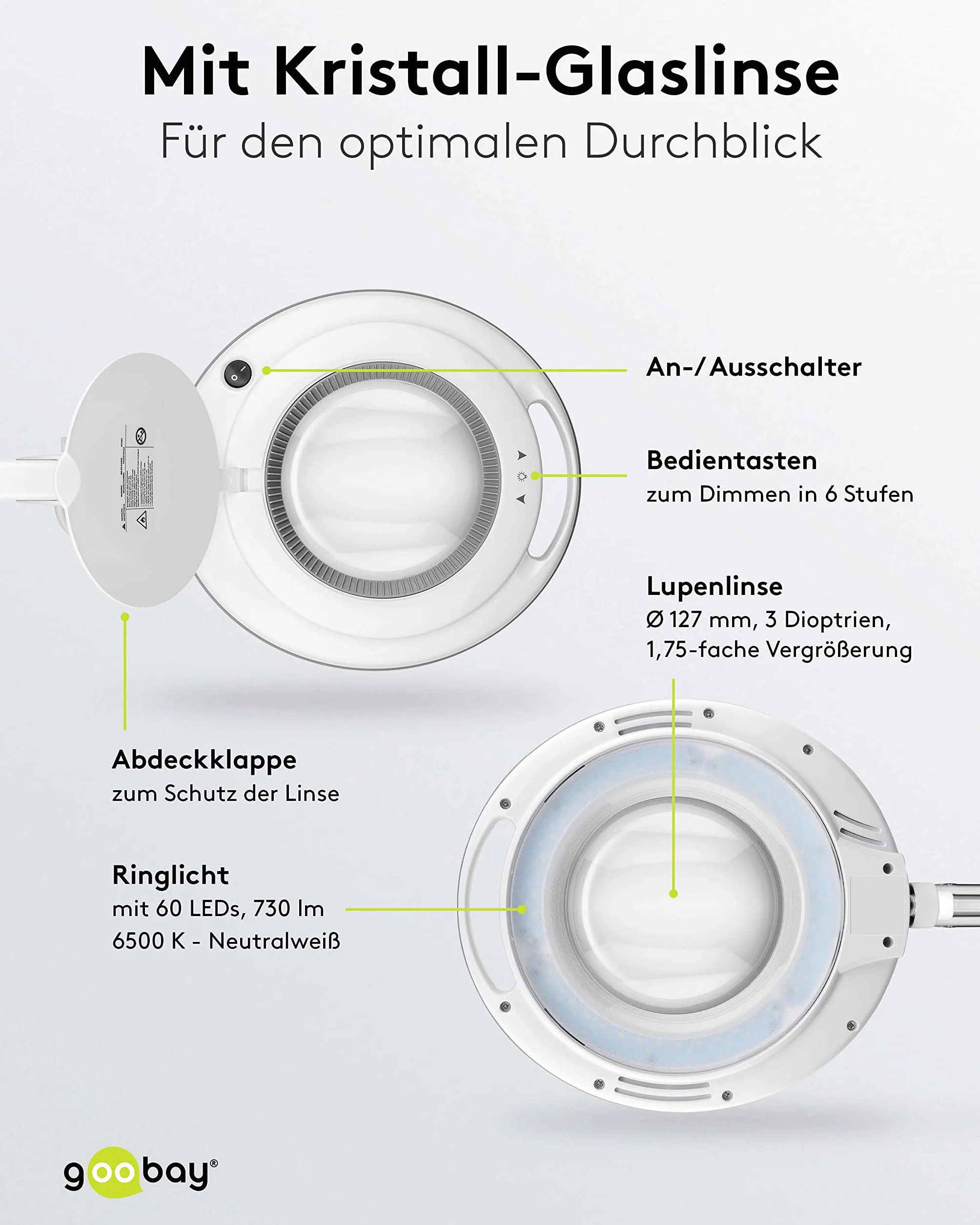 goobay 60362 LED lampa z lupą z zaciskiem/pobór mocy 9 W / 127 mm soczewka ze szkła kryształowego/temperatura barwowa 6400 K/powiększenie 1,75 x/strumień świetlny 83-730 lumenów/biała