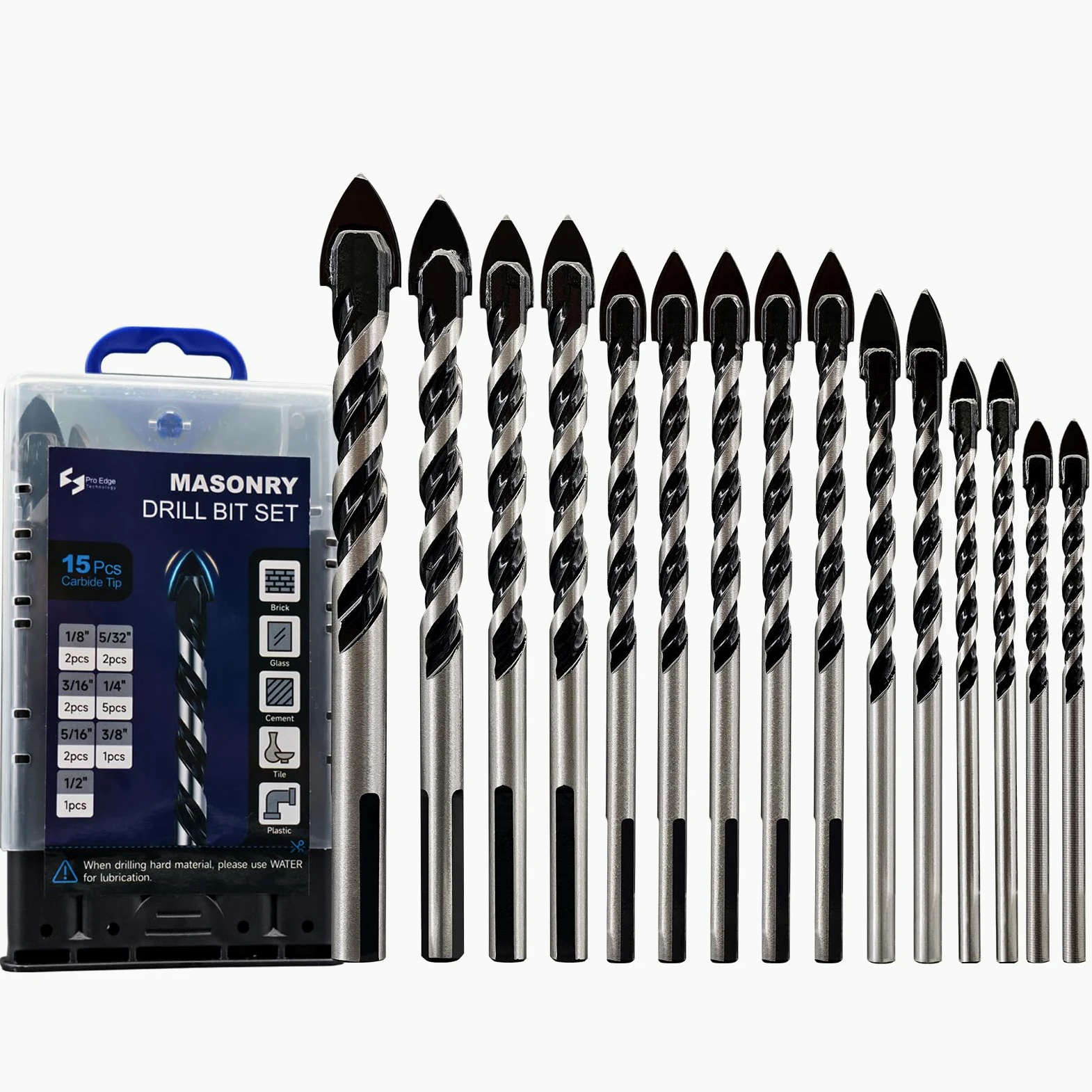 Pro Edge Zestaw wierteł do kamienia, 15 szt., od 1/20.3 cm do 1/5.1 cm, wytrzymałość przemysłowa, wiertło z węglika spiekanego, do płytek, szkła, ceramiki, cegły, ściany, drewna, tworzywa sztucznego